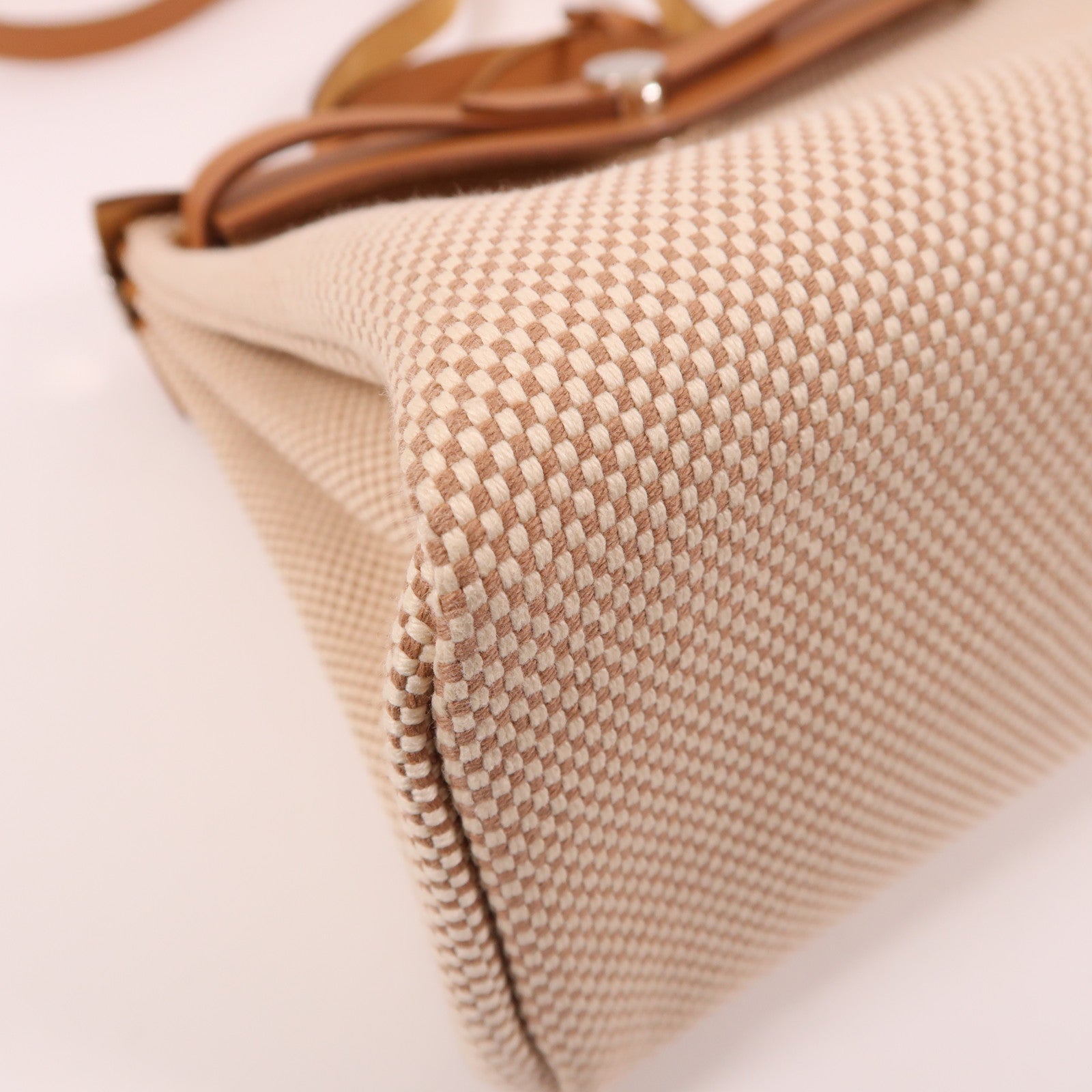 HERMES 帆布Herbag PM銀扣手挽肩背兩用袋米色/焦糖色