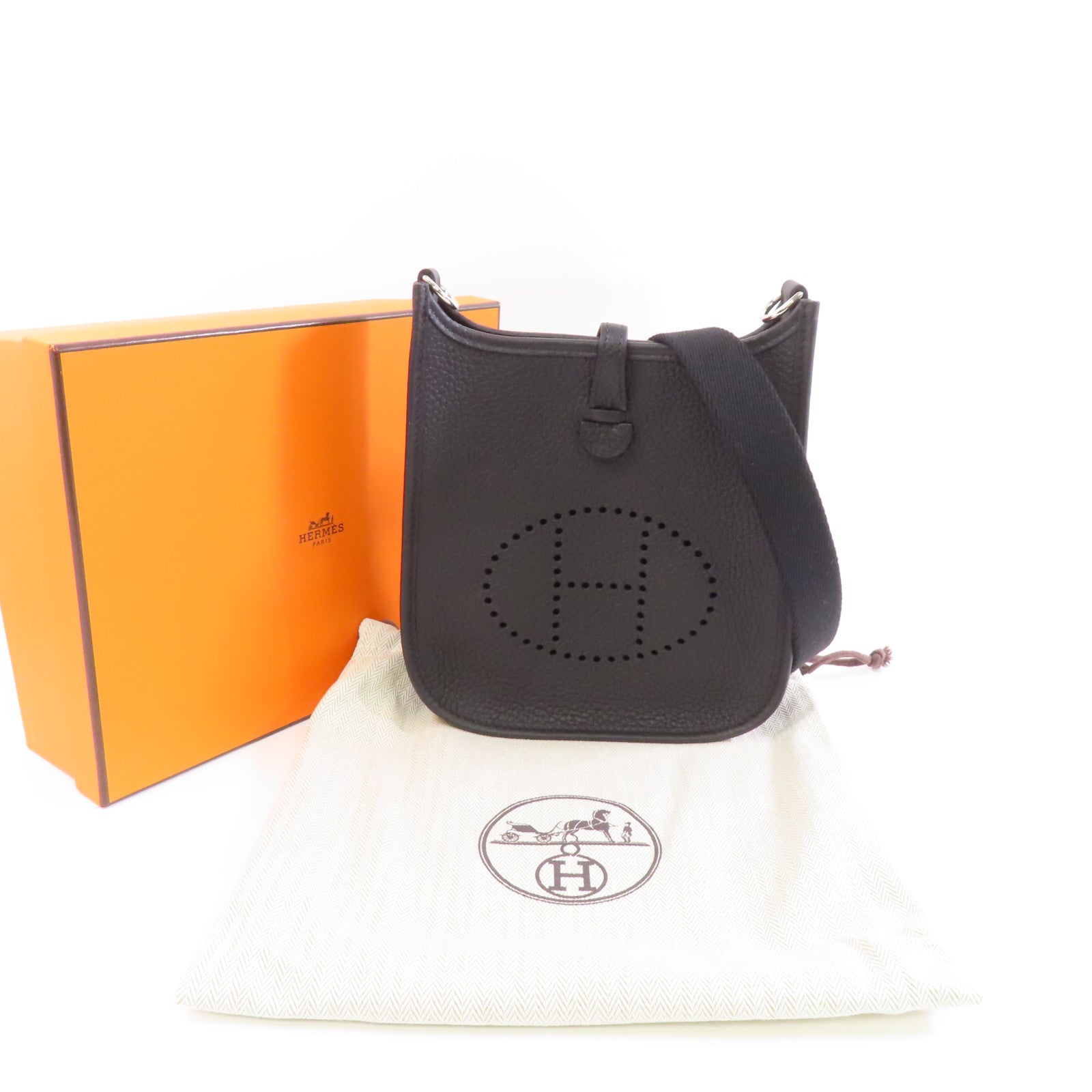 HERMES Clemence皮革Mini Evelyne銀扣肩背袋Noir黑色