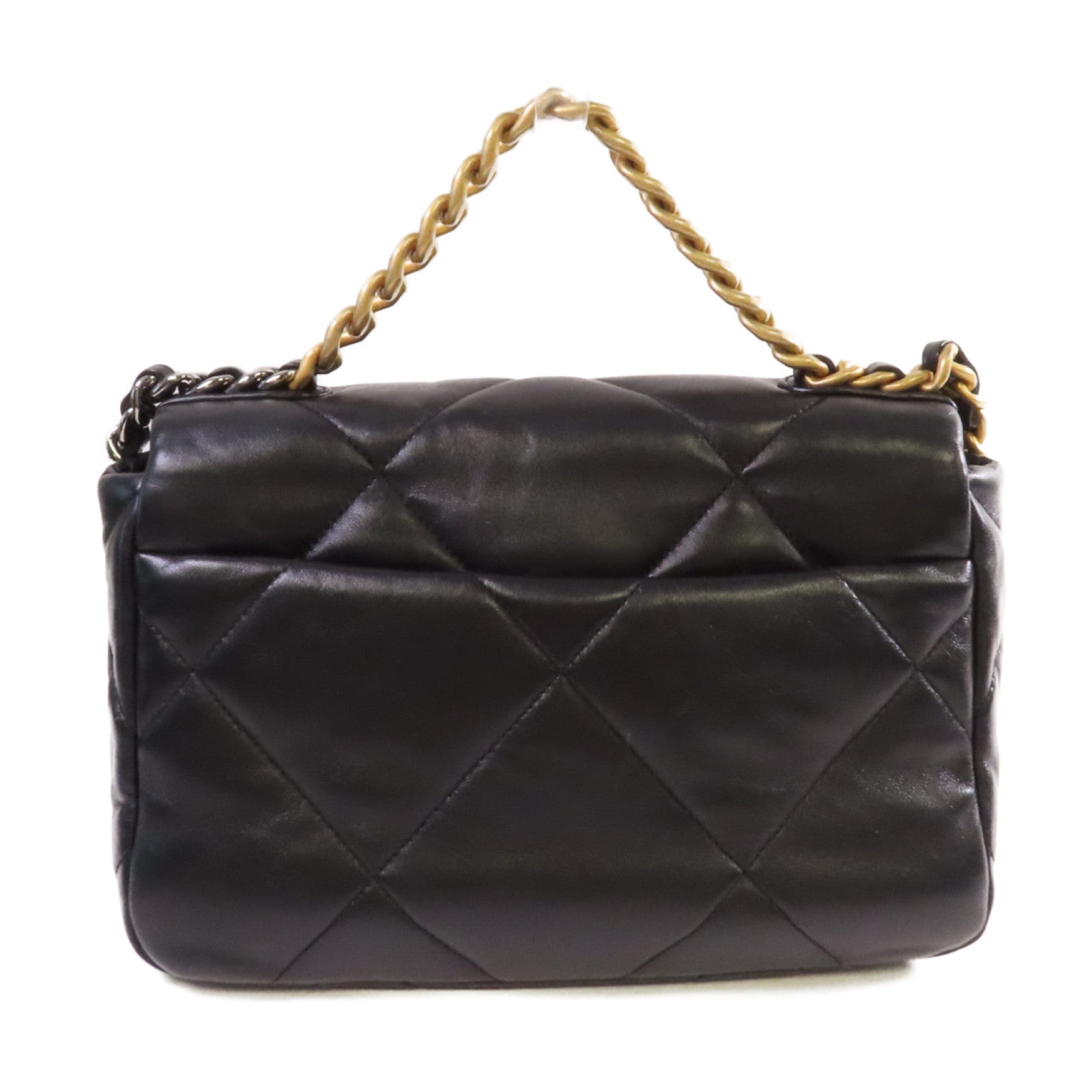 CHANEL 菱格羊皮皮革Chanel 19 2Way Shoulder Bag金扣鏈帶手挽肩背兩用袋黑色