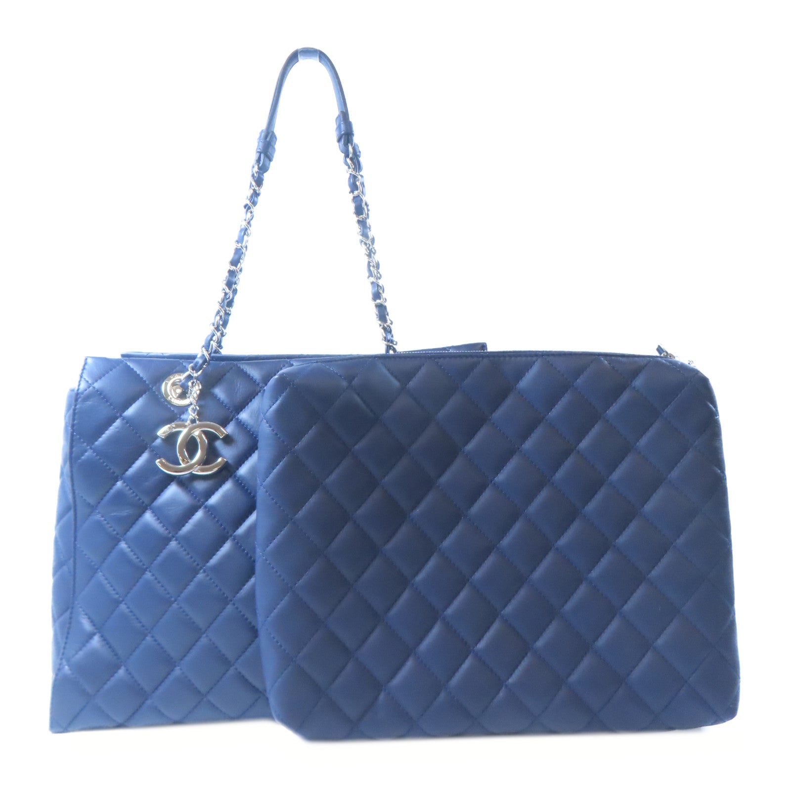 CHANEL 羊皮皮革Tote Bag銀扣肩背袋藍色