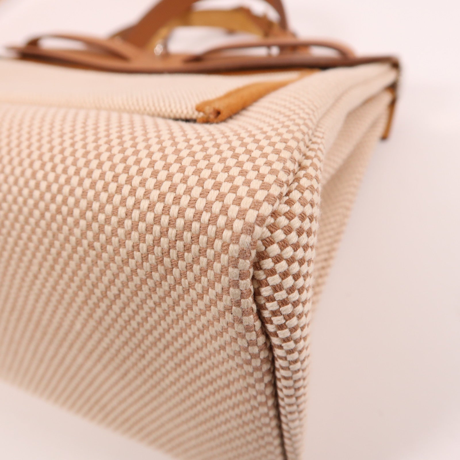 HERMES 帆布Herbag PM銀扣手挽肩背兩用袋米色/焦糖色
