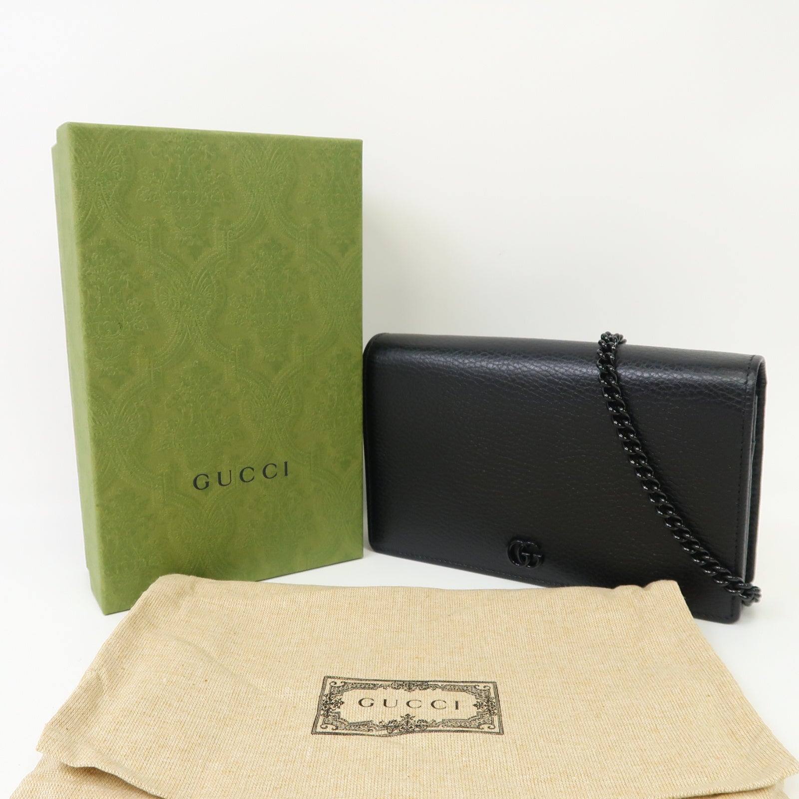 GUCCI 牛皮皮革GG Marmont Mini銀扣鏈帶肩背袋黑色
