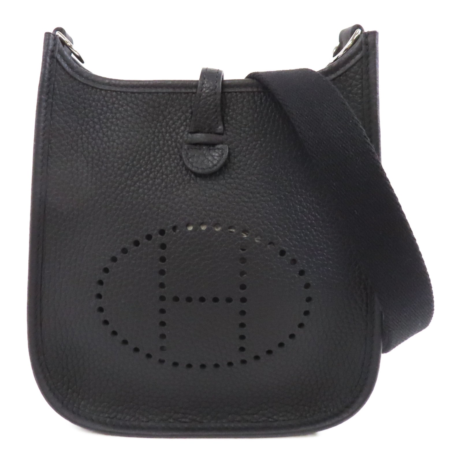 HERMES Clemence皮革Mini Evelyne銀扣肩背袋Noir黑色
