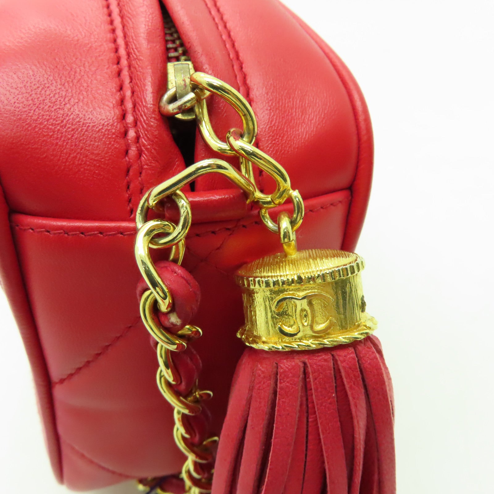 CHANEL 菱格羊皮皮革Chain Shoulder Bag金扣鏈帶肩背袋紅色