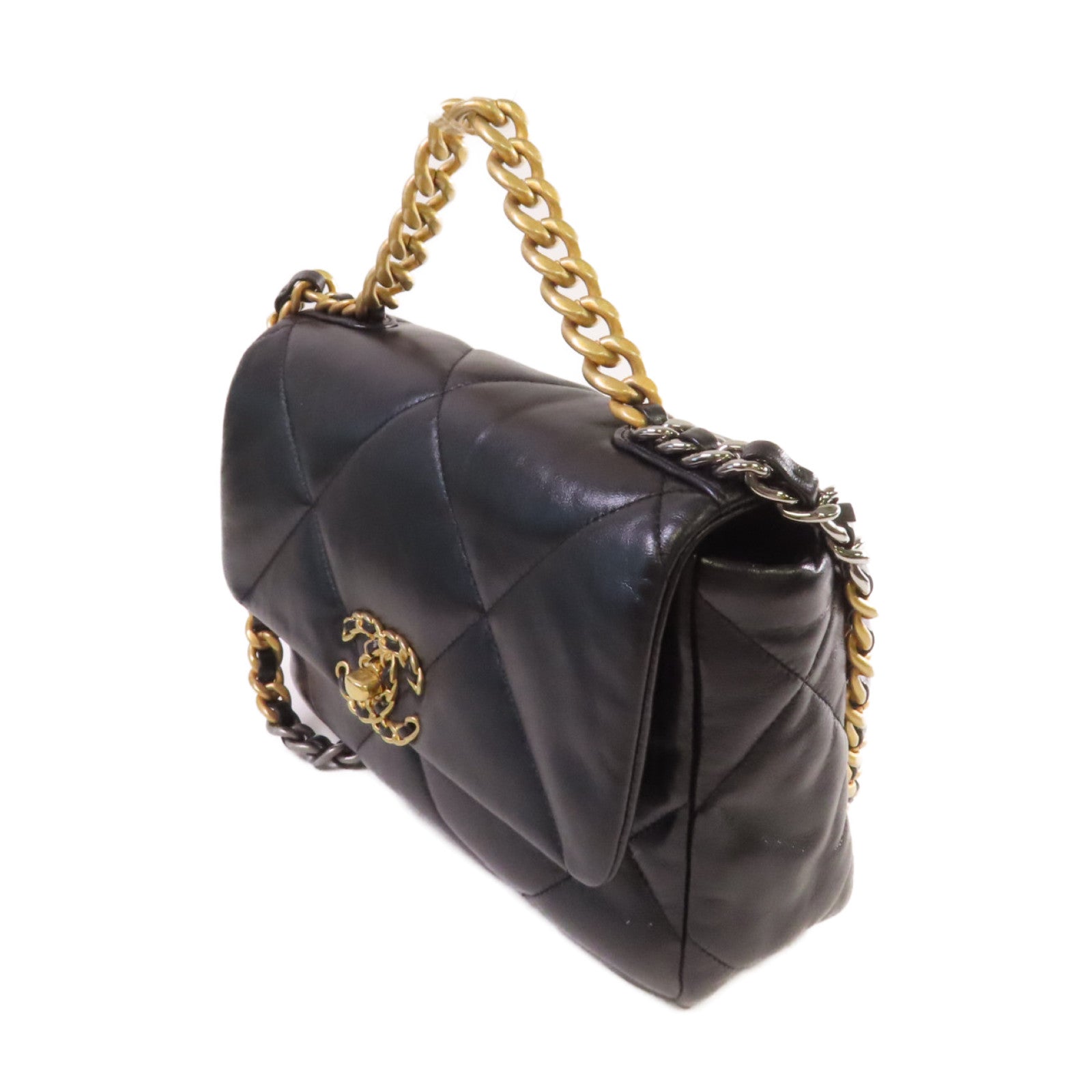 CHANEL 菱格羊皮皮革Chanel 19 2Way Shoulder Bag金扣鏈帶手挽肩背兩用袋黑色