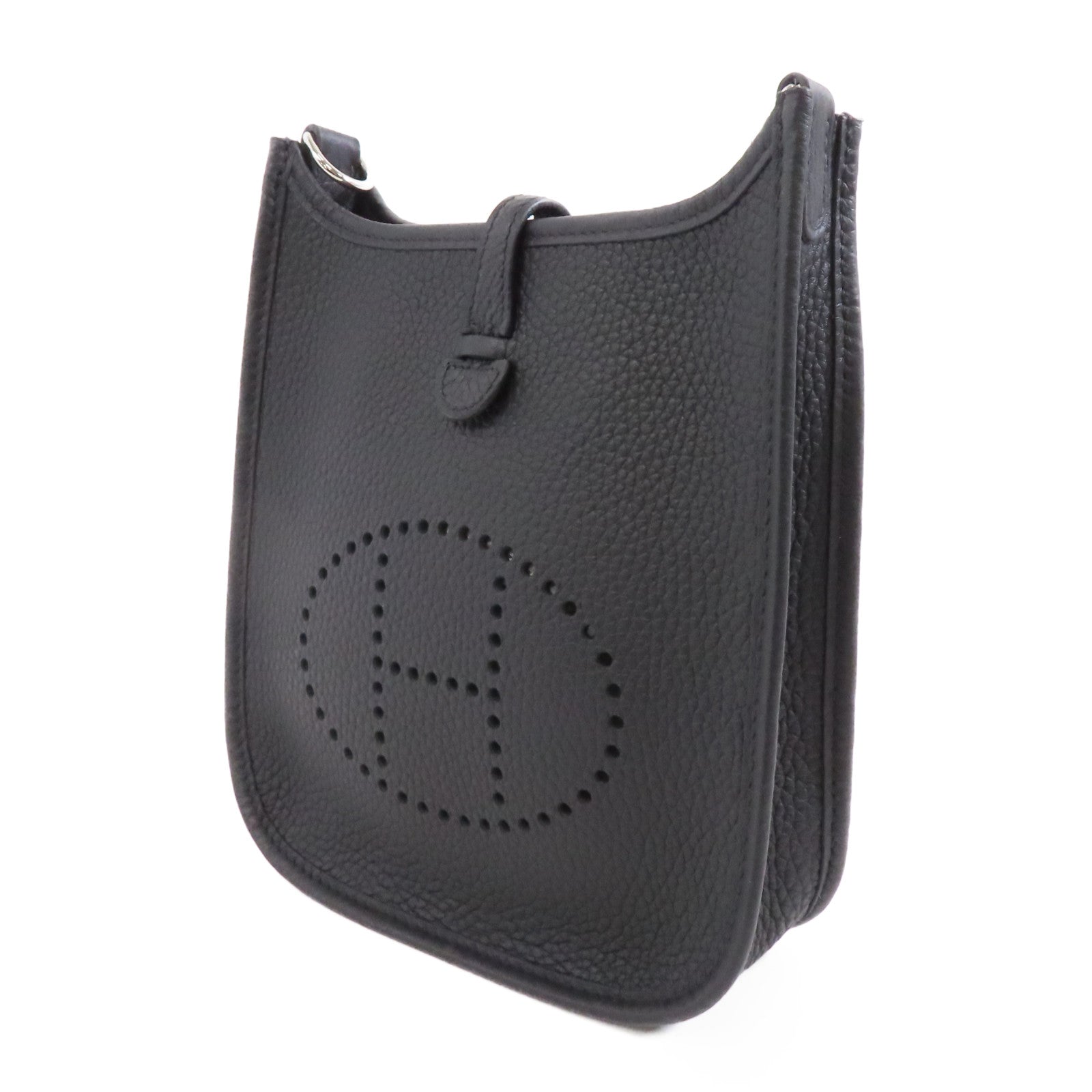 HERMES Clemence皮革Mini Evelyne銀扣肩背袋Noir黑色