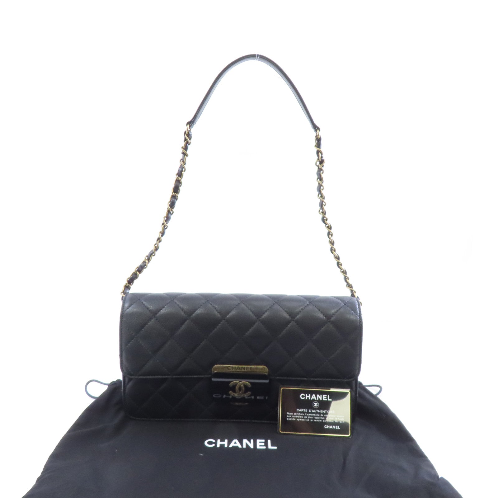 CHANEL 菱格牛皮皮革Chain Shoulder金扣鏈帶肩背袋黑色