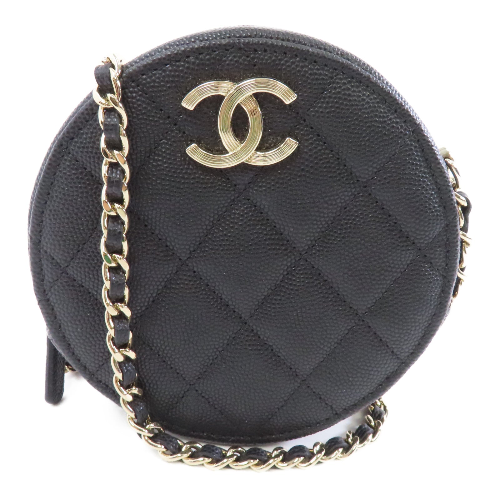 CHANEL 菱格Caviar皮革Chain Shoulder金扣鏈帶肩背袋黑色