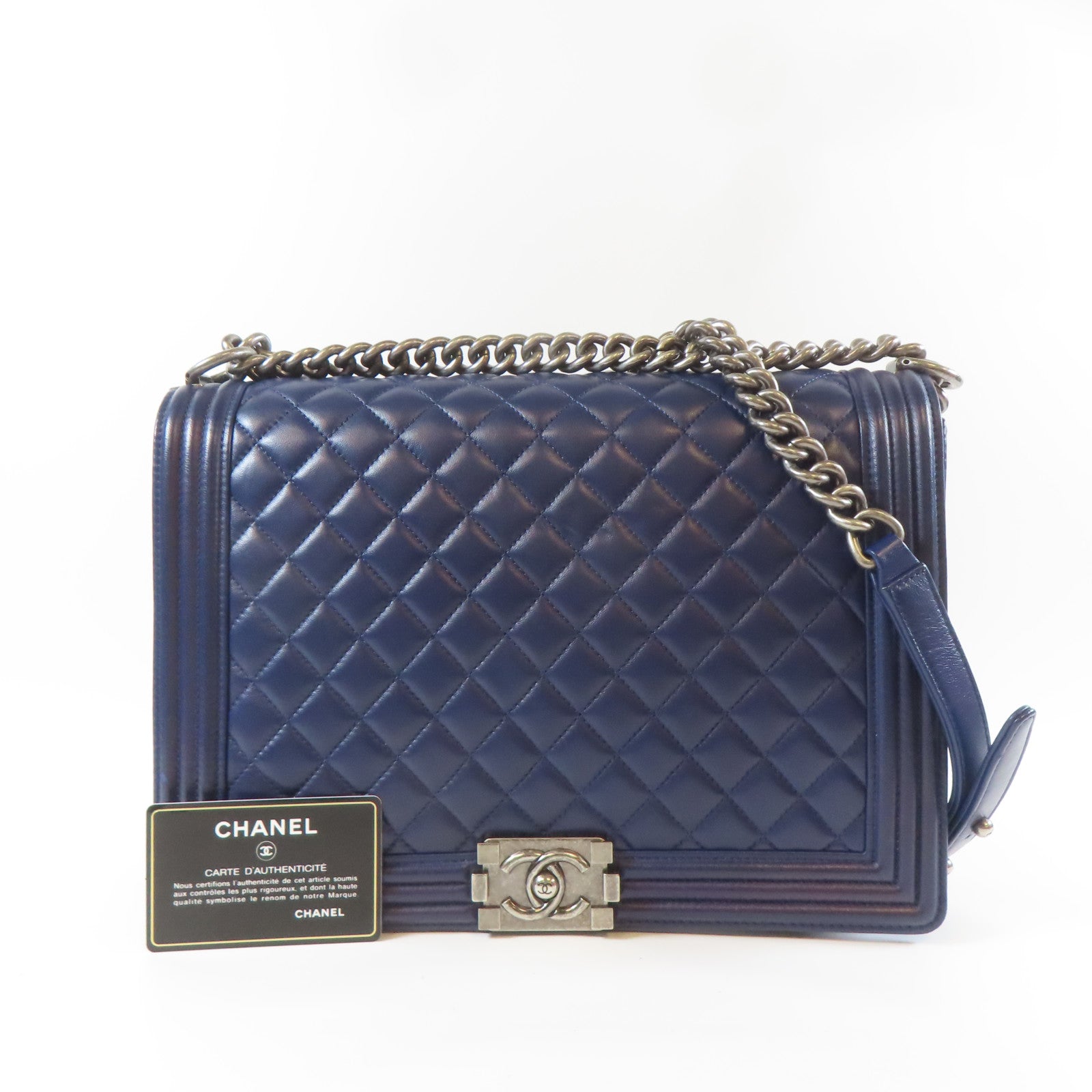 CHANEL 菱格羊皮皮革Boy Chain Shoulder Bag銀扣鏈帶肩背袋深藍色