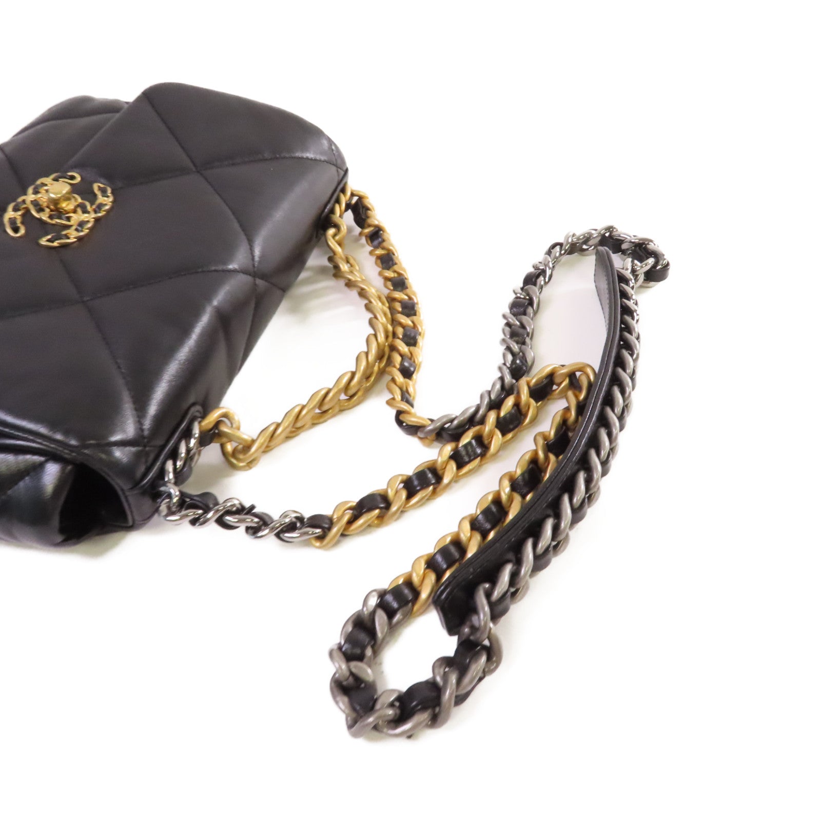 CHANEL 菱格羊皮皮革Chanel 19 2Way Shoulder Bag金扣鏈帶手挽肩背兩用袋黑色