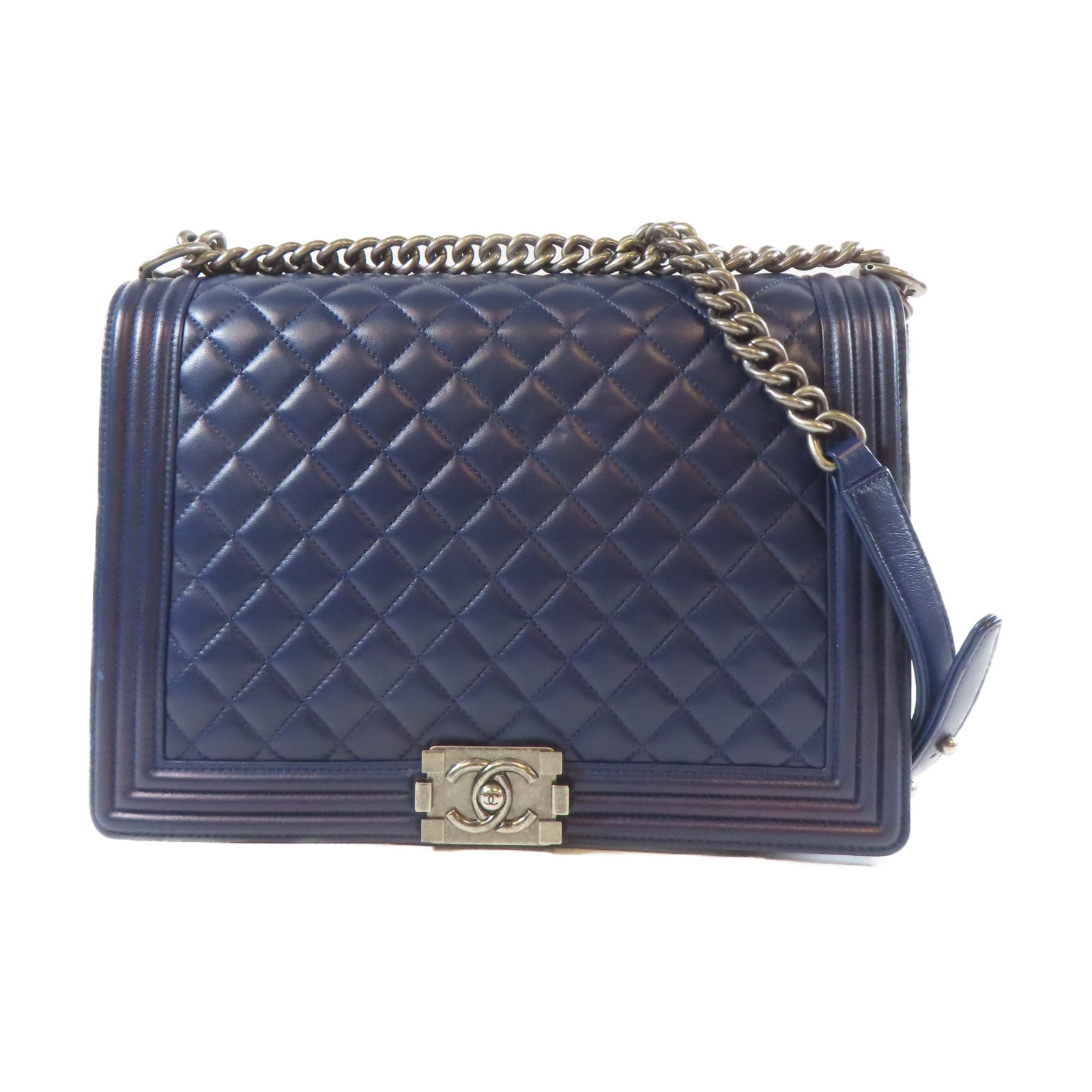 CHANEL 菱格羊皮皮革Boy Chain Shoulder Bag銀扣鏈帶肩背袋深藍色