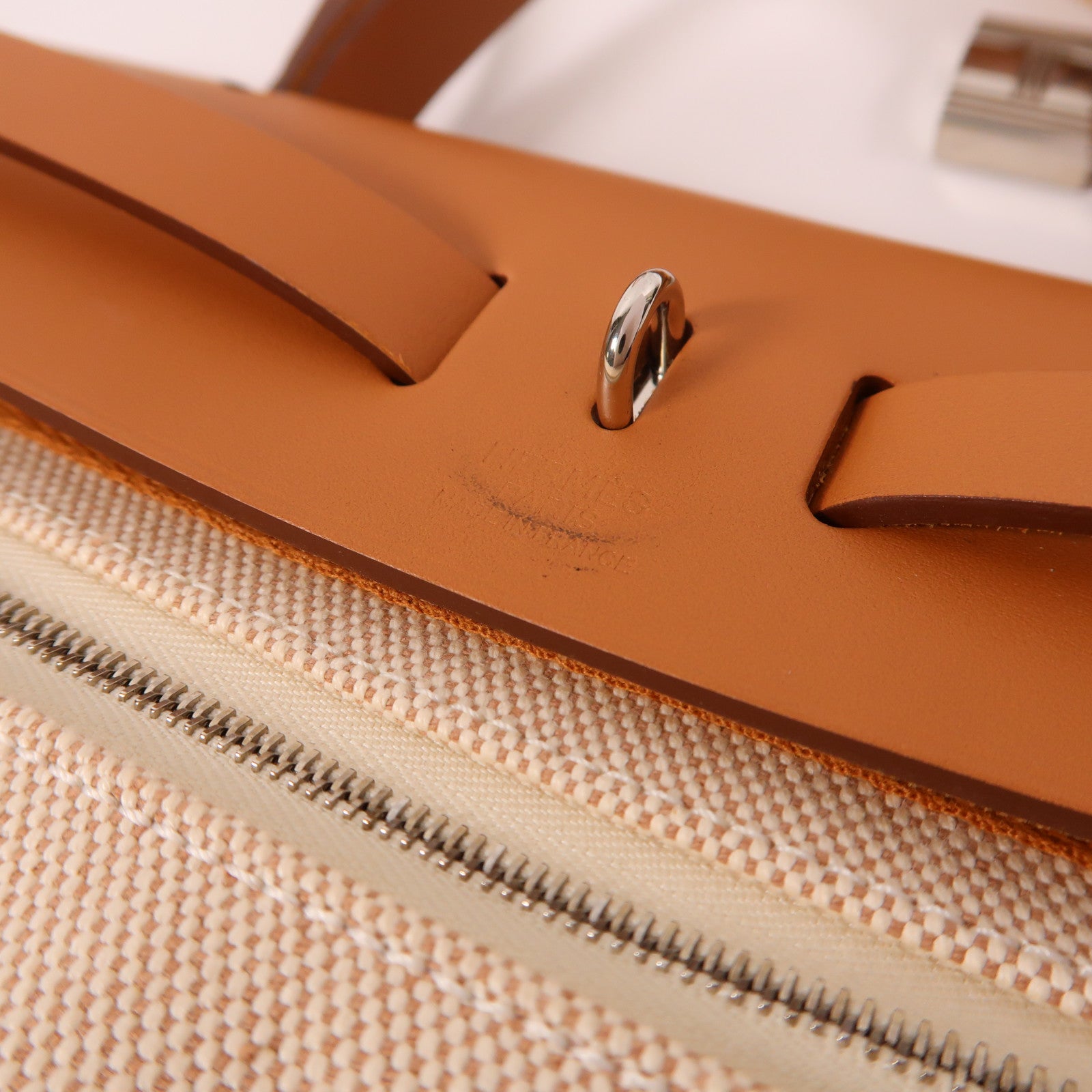 HERMES 帆布Herbag PM銀扣手挽肩背兩用袋米色/焦糖色