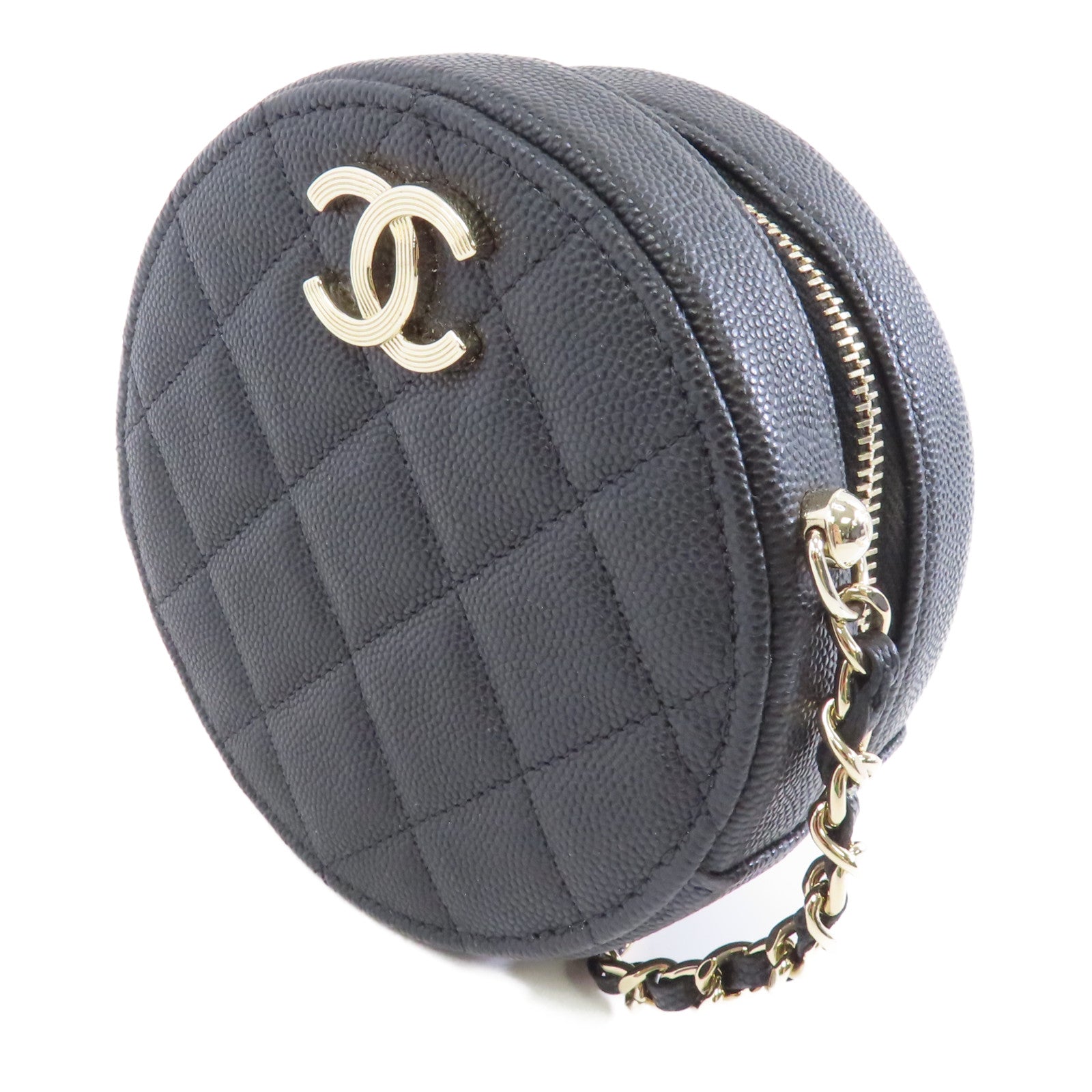CHANEL 菱格Caviar皮革Chain Shoulder金扣鏈帶肩背袋黑色
