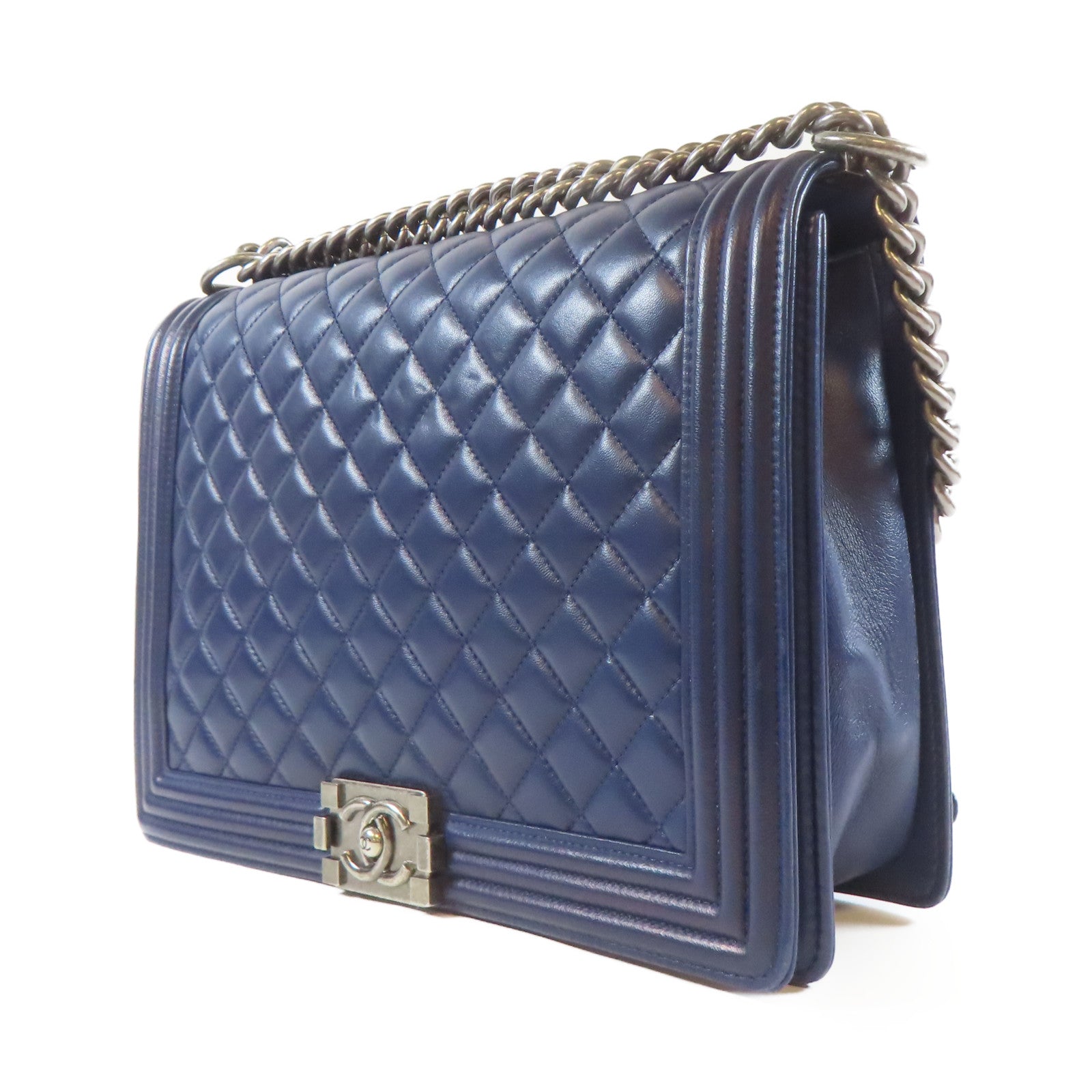 CHANEL 菱格羊皮皮革Boy Chain Shoulder Bag銀扣鏈帶肩背袋深藍色