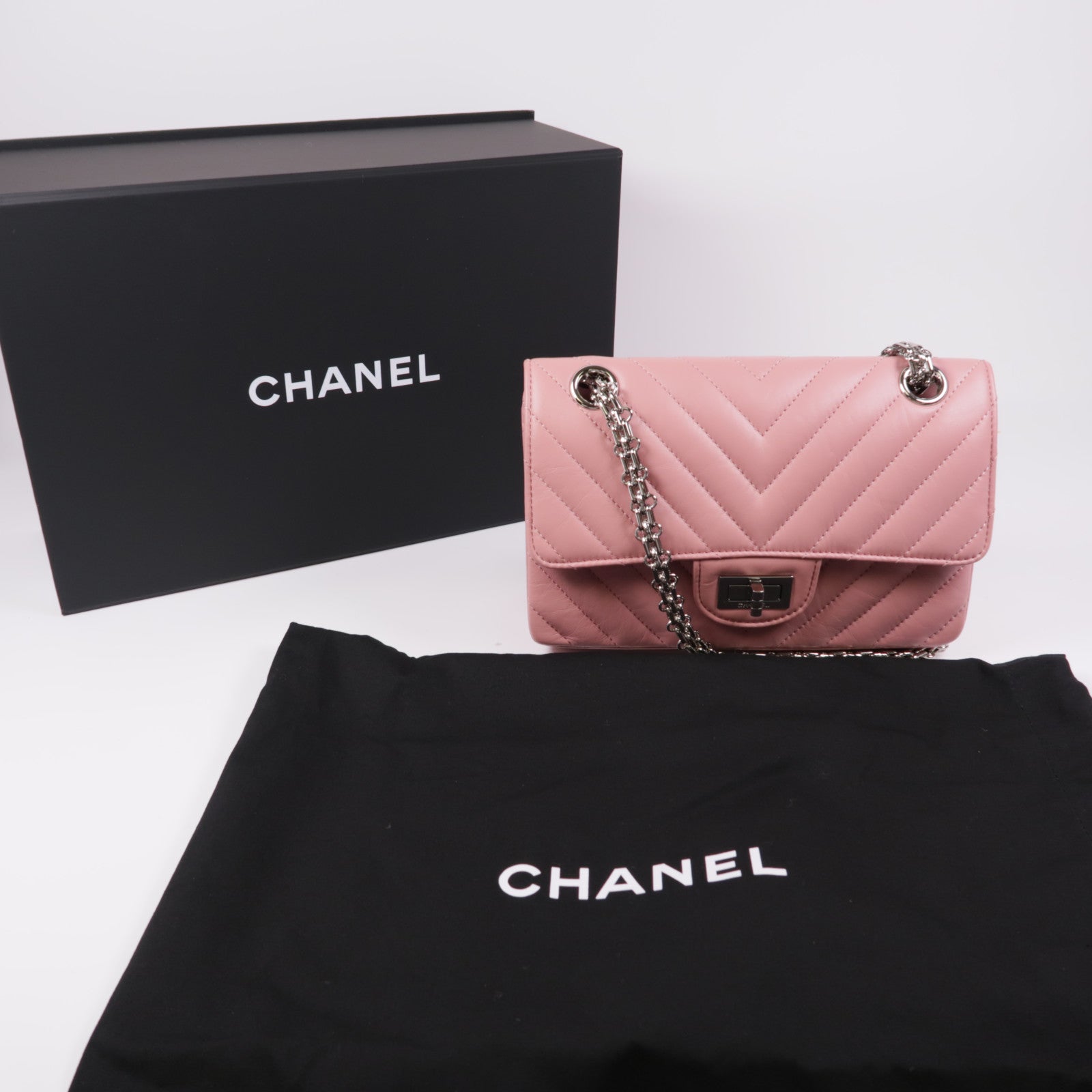CHANEL 牛皮皮革Mini 2.55銀扣鏈帶肩背袋