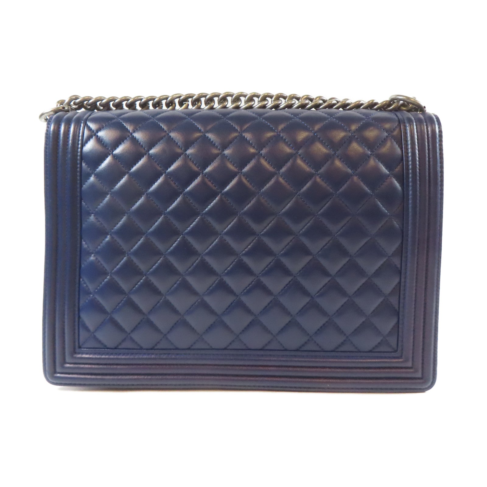 CHANEL 菱格羊皮皮革Boy Chain Shoulder Bag銀扣鏈帶肩背袋深藍色