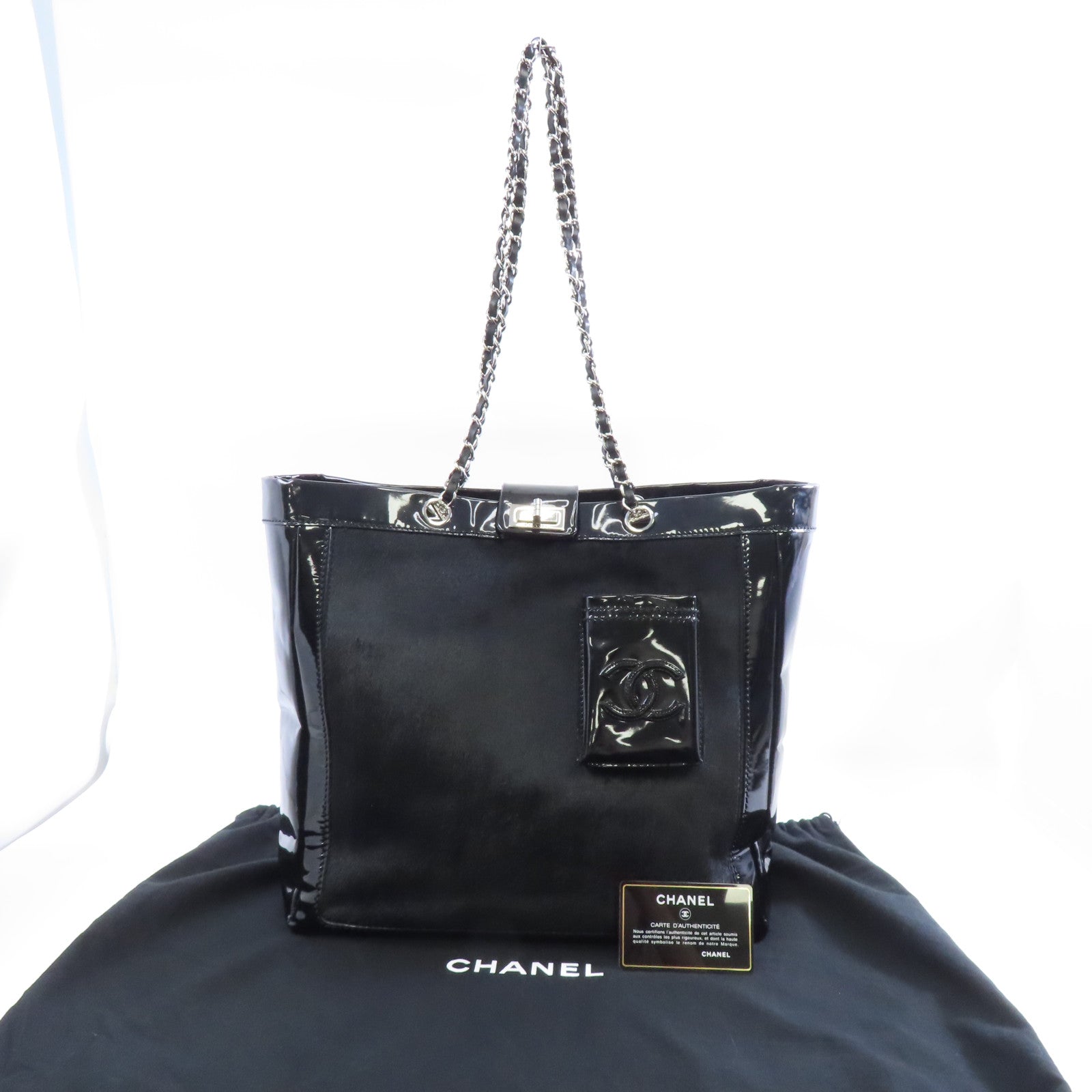 CHANEL 【激減優惠】馬毛/漆皮皮革Shoulder Tote銀扣肩背袋黑色