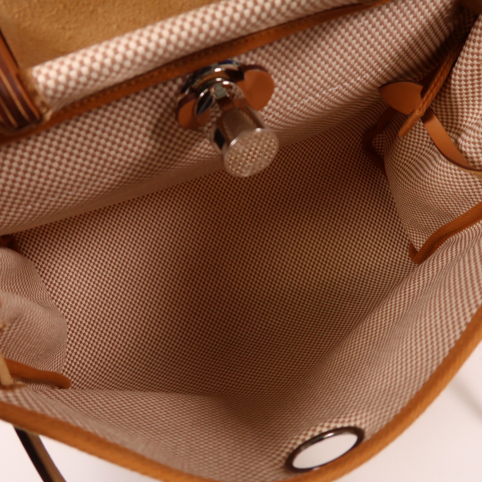 HERMES 帆布Herbag PM銀扣手挽肩背兩用袋米色/焦糖色
