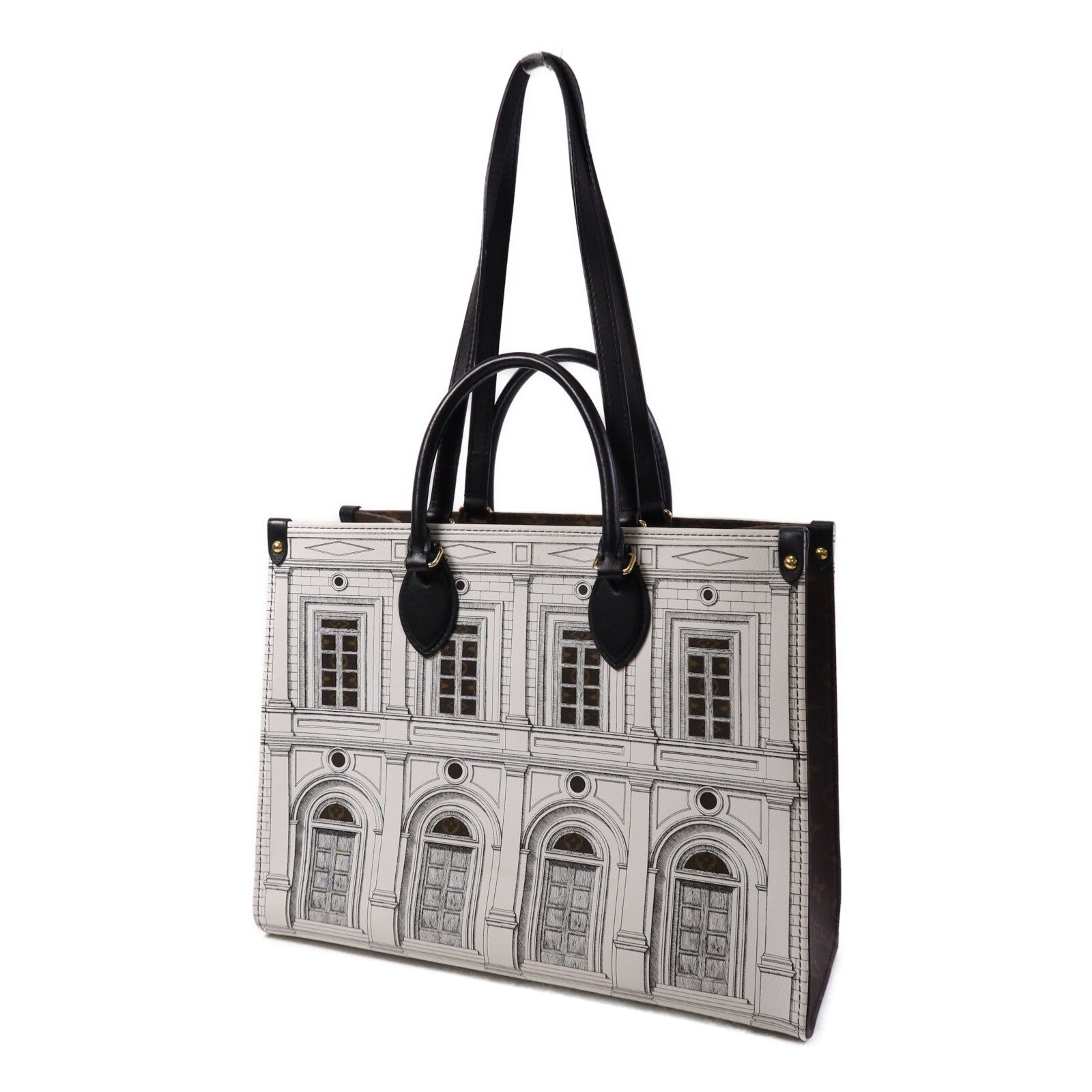 LOUIS VUITTON Monogram/牛皮皮革On The Go MM Fornasetti Capsule金扣手挽肩背兩用袋