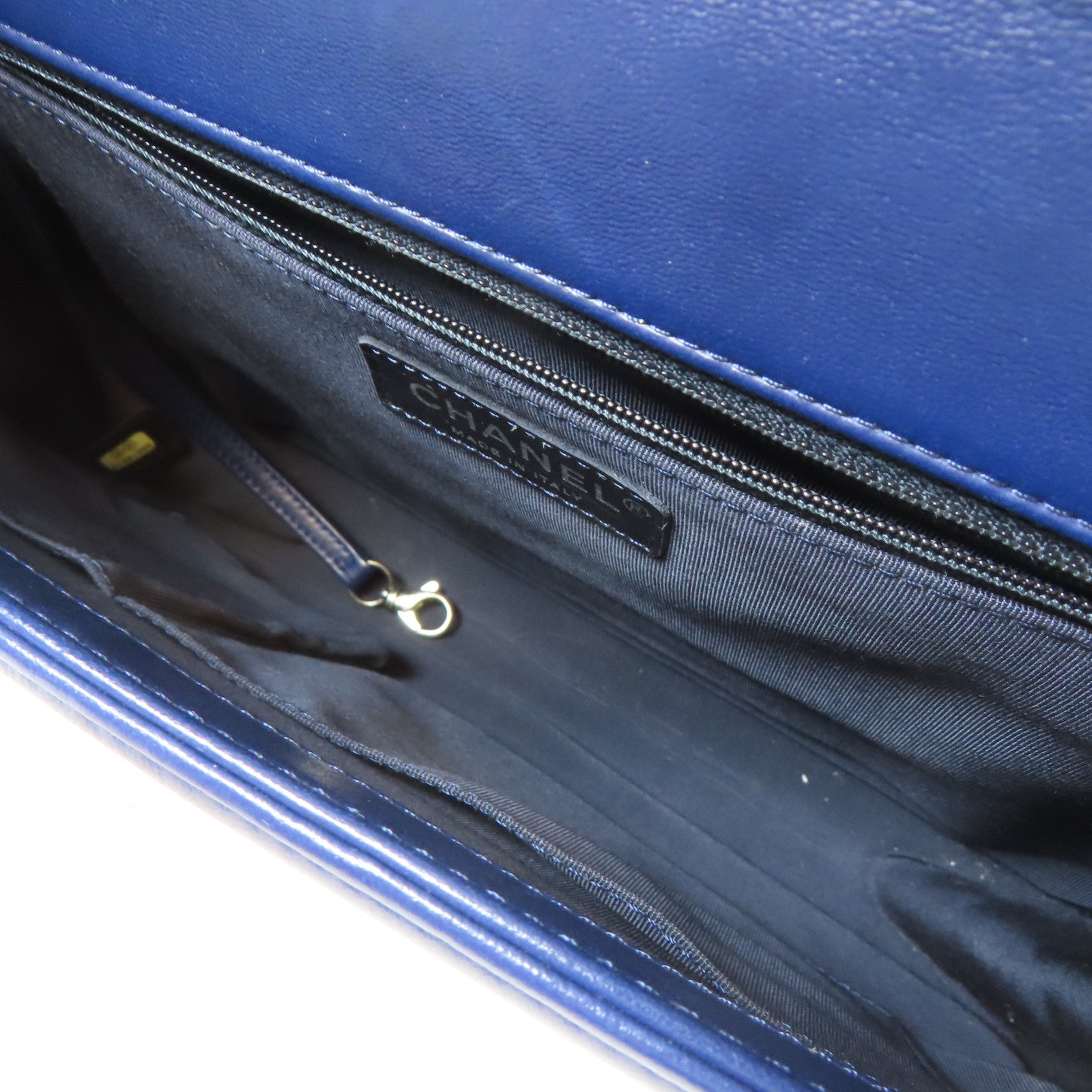 CHANEL 菱格羊皮皮革Boy Chain Shoulder Bag銀扣鏈帶肩背袋深藍色