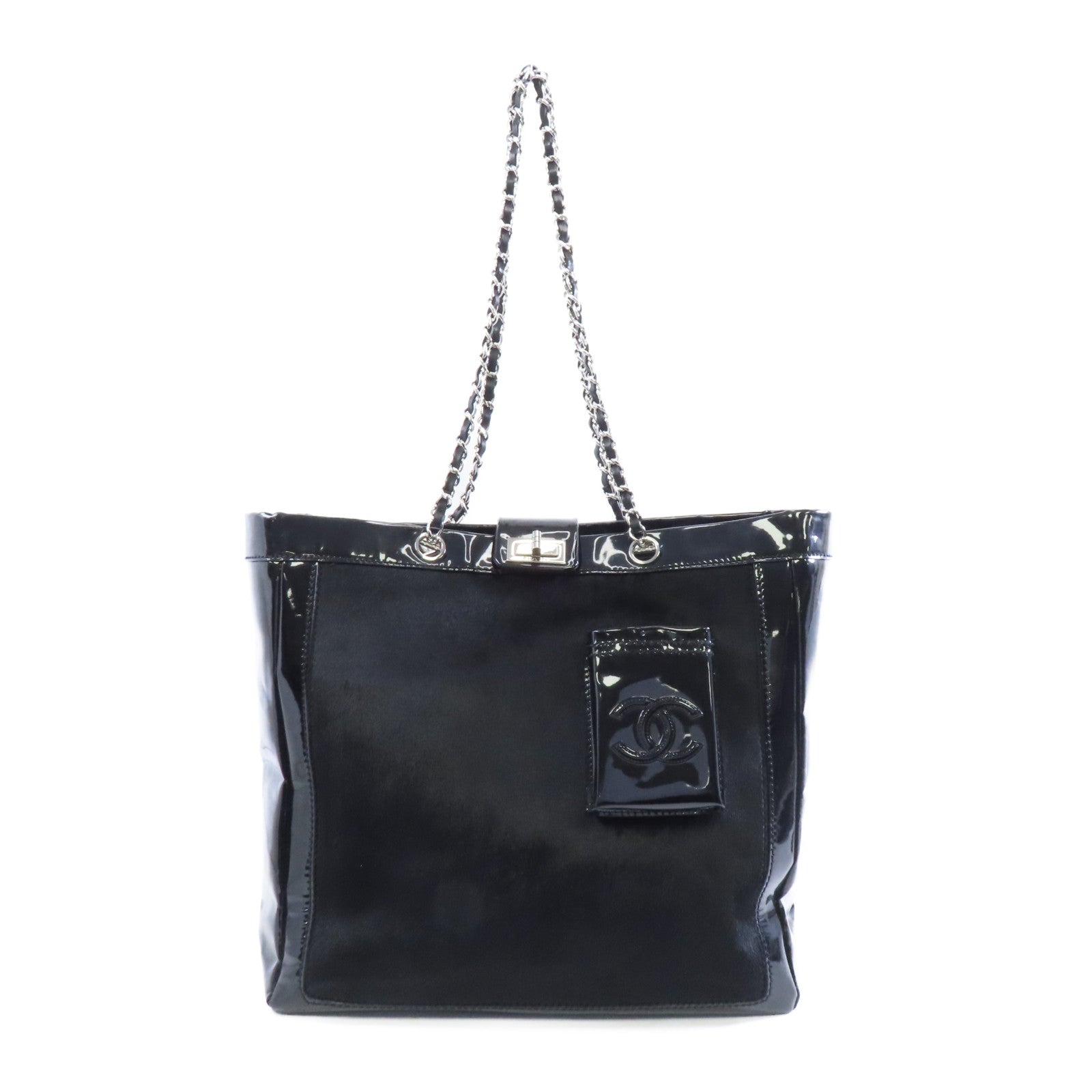 CHANEL 【激減優惠】馬毛/漆皮皮革Shoulder Tote銀扣肩背袋黑色