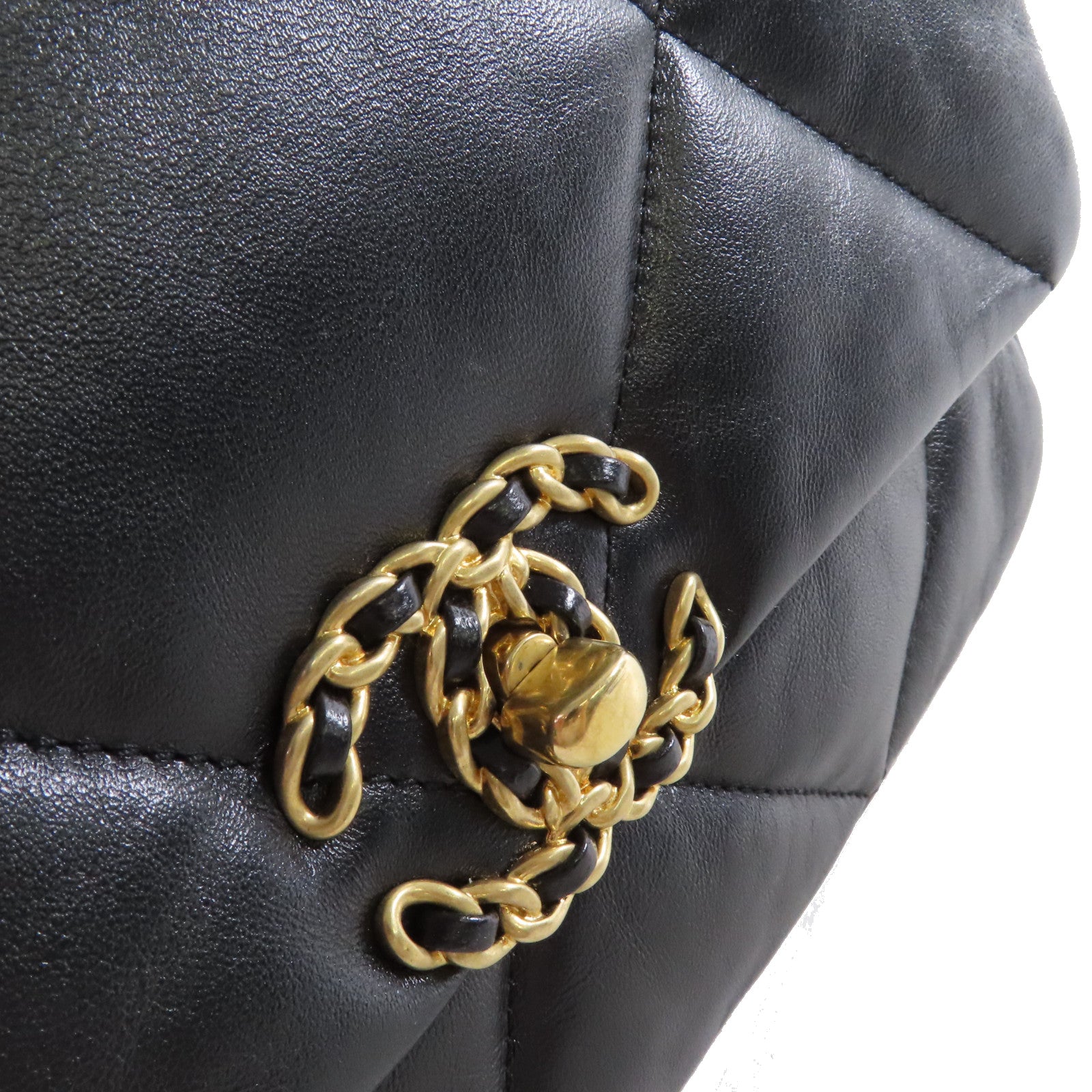 CHANEL 菱格羊皮皮革Chanel 19 2Way Shoulder Bag金扣鏈帶手挽肩背兩用袋黑色