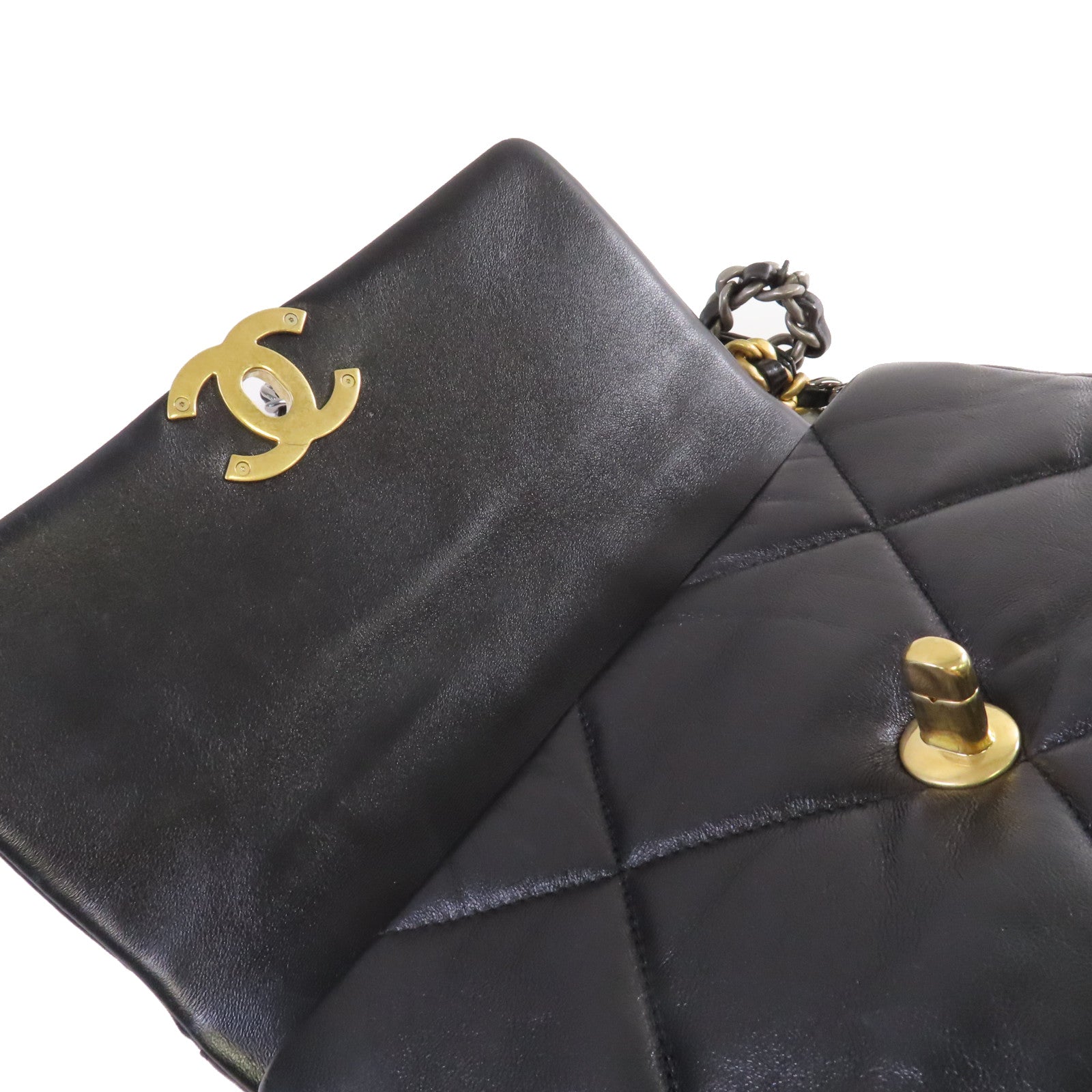 CHANEL 菱格羊皮皮革Chanel 19 2Way Shoulder Bag金扣鏈帶手挽肩背兩用袋黑色