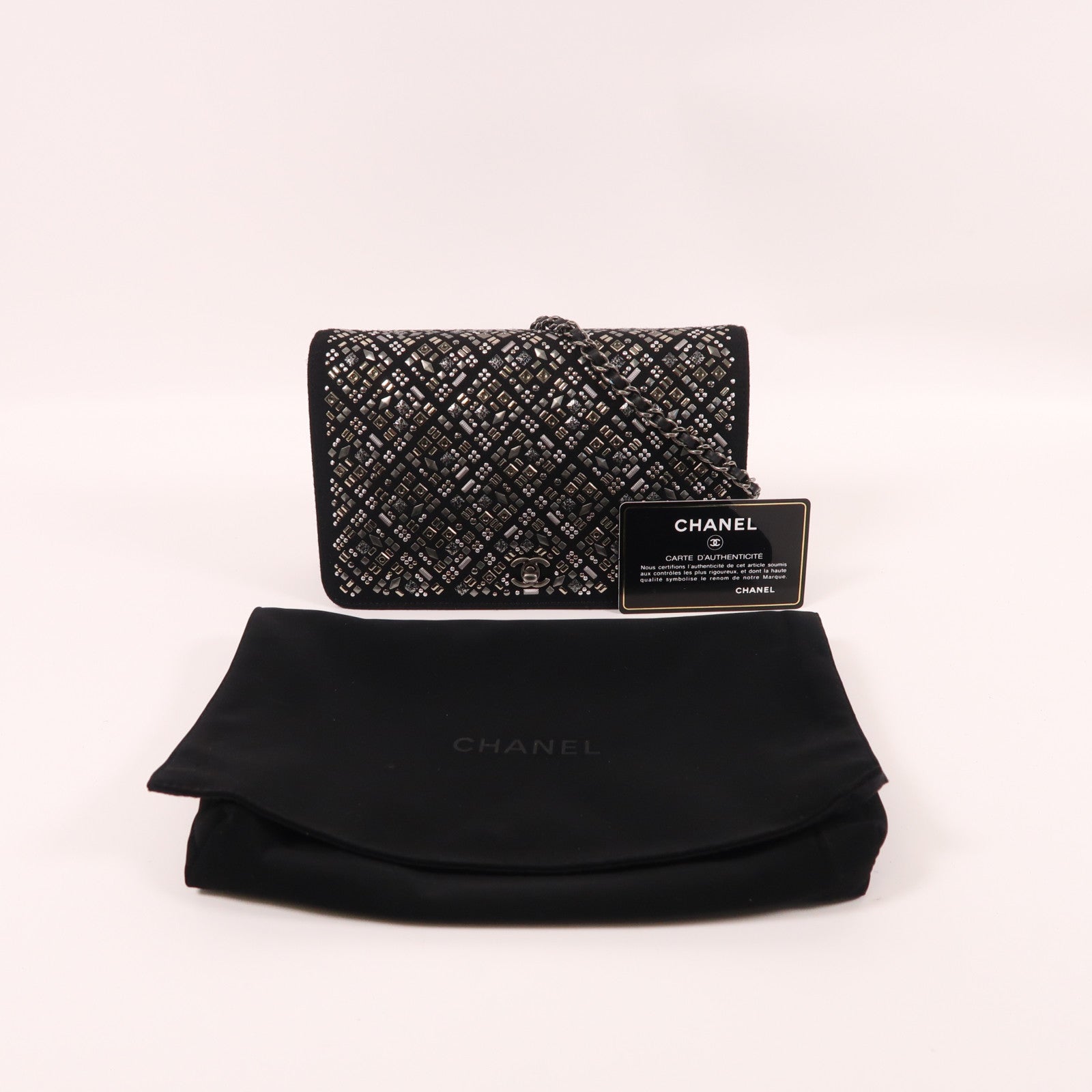 CHANEL 棉質/皮革Woc銀扣鏈帶肩背袋黑色