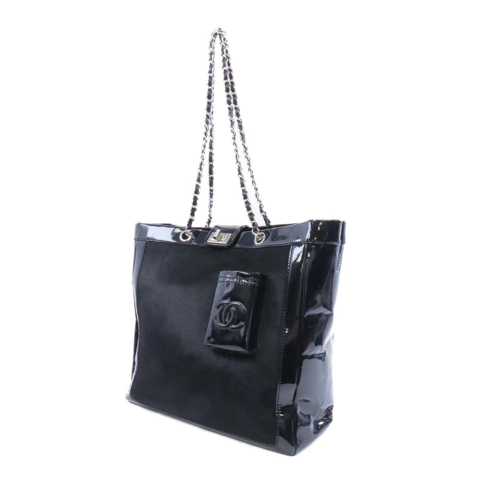 CHANEL 【激減優惠】馬毛/漆皮皮革Shoulder Tote銀扣肩背袋黑色