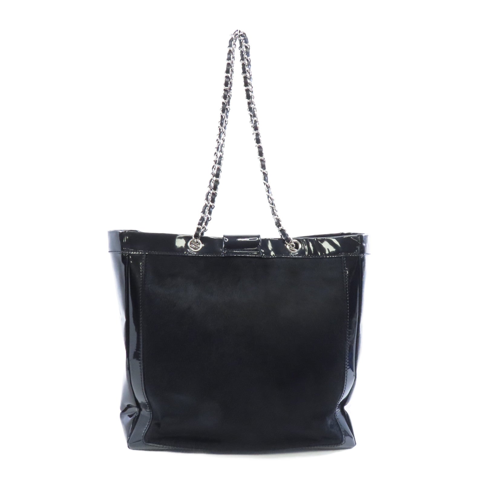 CHANEL 【激減優惠】馬毛/漆皮皮革Shoulder Tote銀扣肩背袋黑色