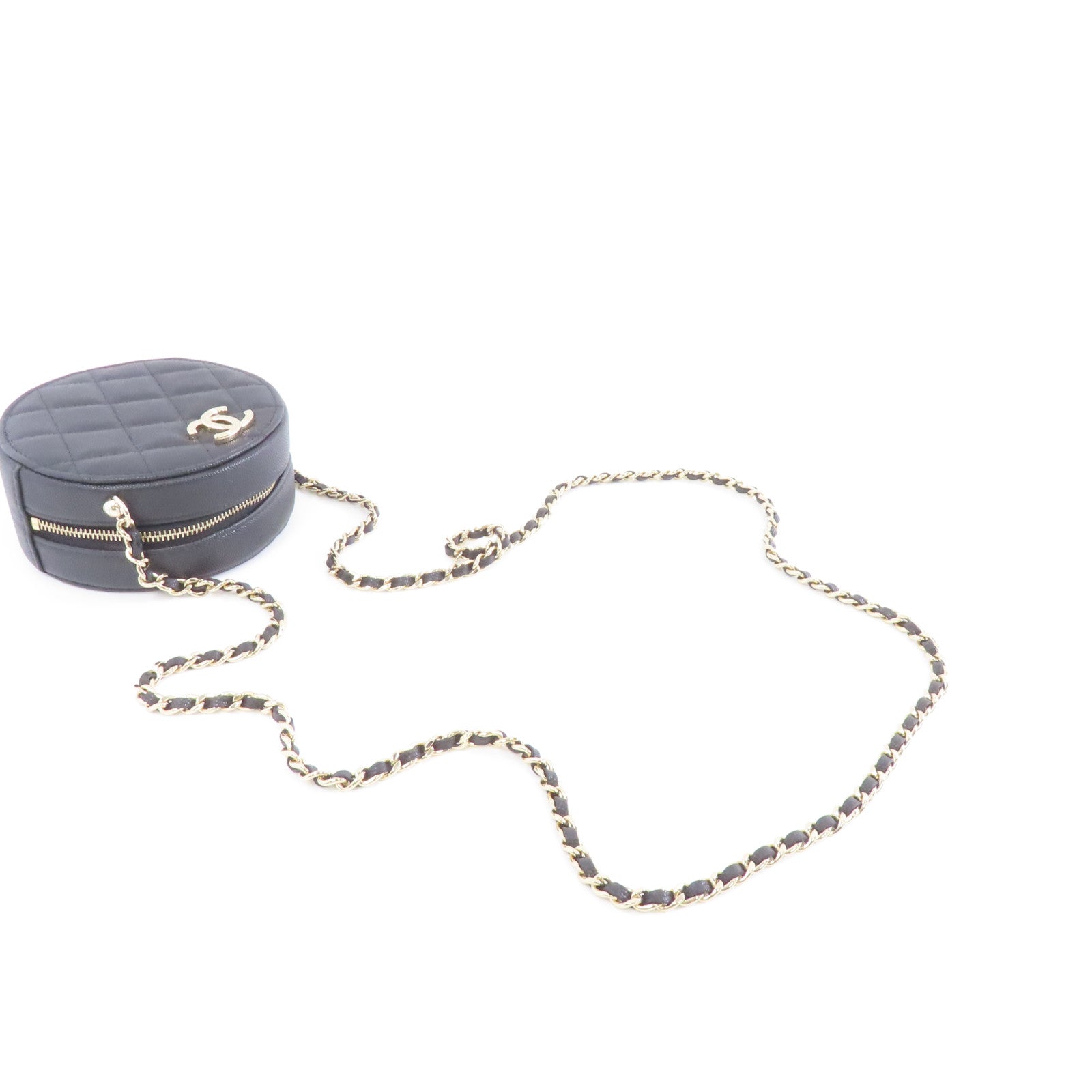 CHANEL 菱格Caviar皮革Chain Shoulder金扣鏈帶肩背袋黑色