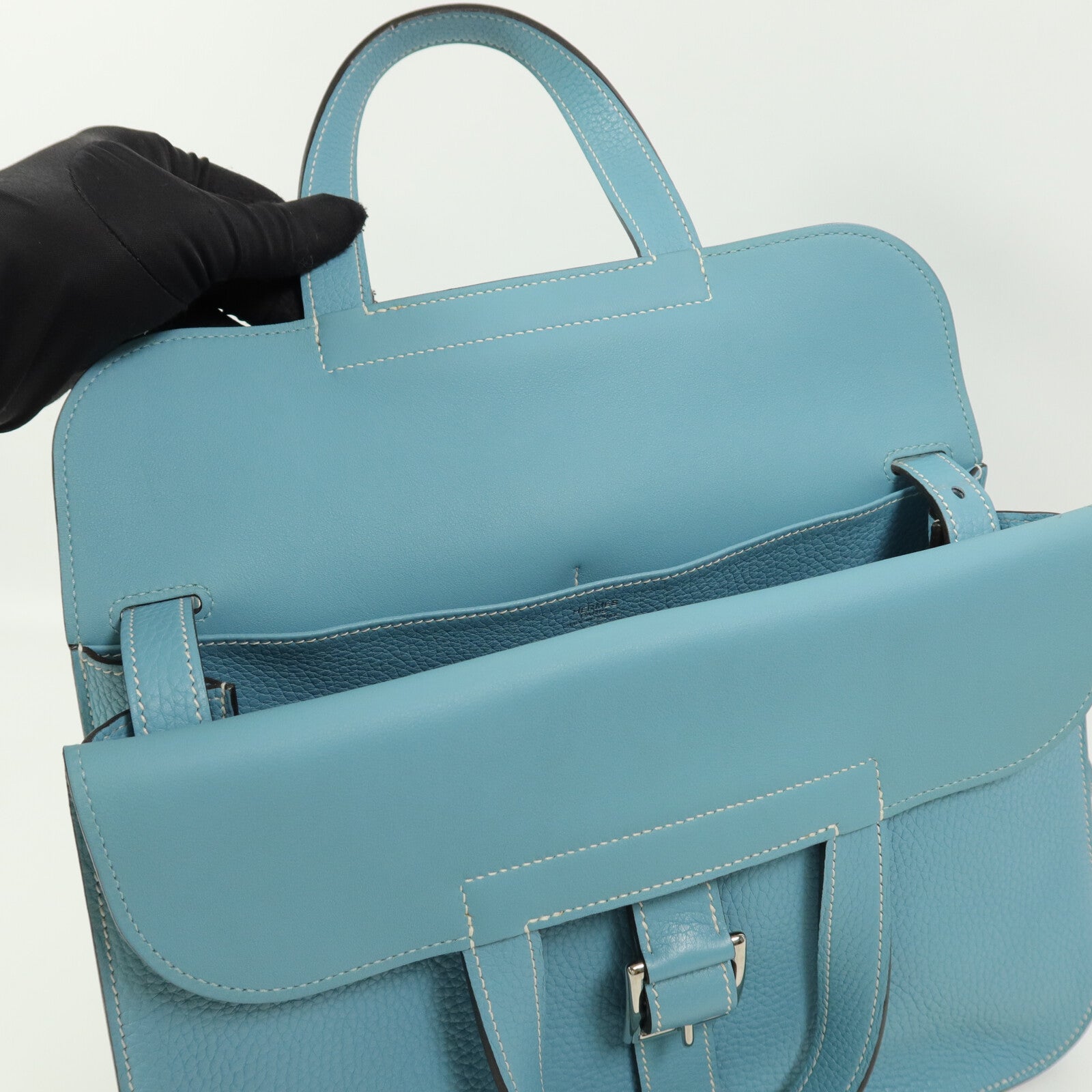HERMES Clemence皮革Halzan 31手挽肩背兩用袋Blue Atoll