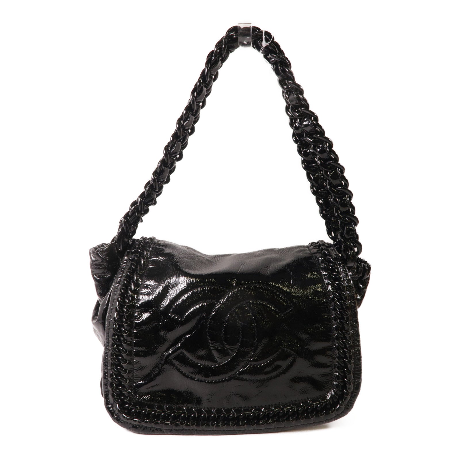 CHANEL CC Chain Shoulder Bag Patent Leather Black