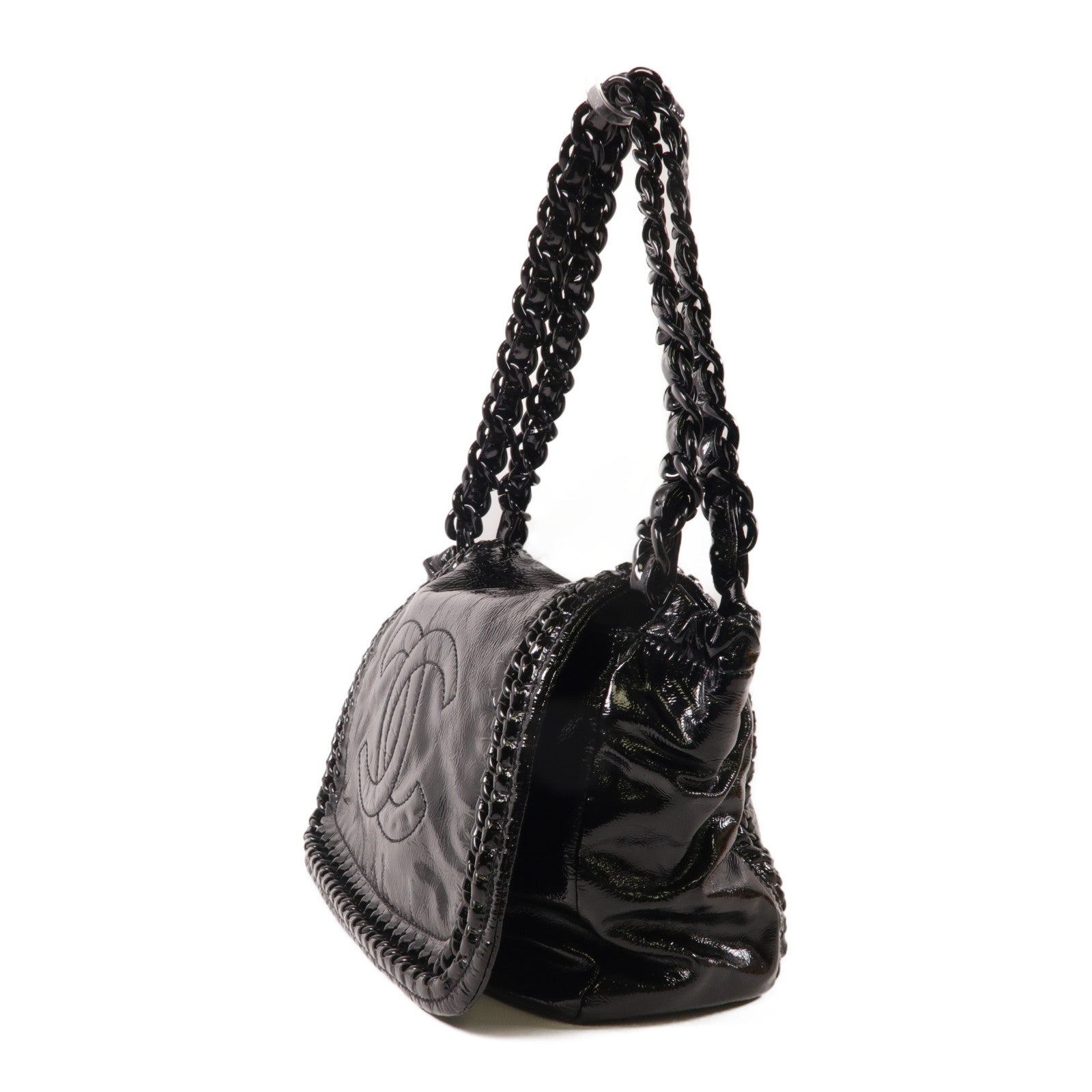 CHANEL CC Chain Shoulder Bag Patent Leather Black