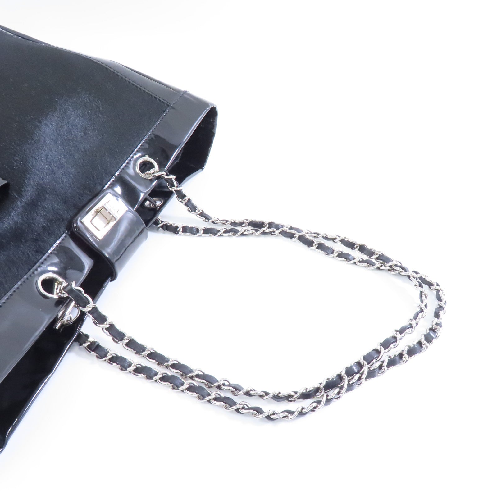 CHANEL 【激減優惠】馬毛/漆皮皮革Shoulder Tote銀扣肩背袋黑色