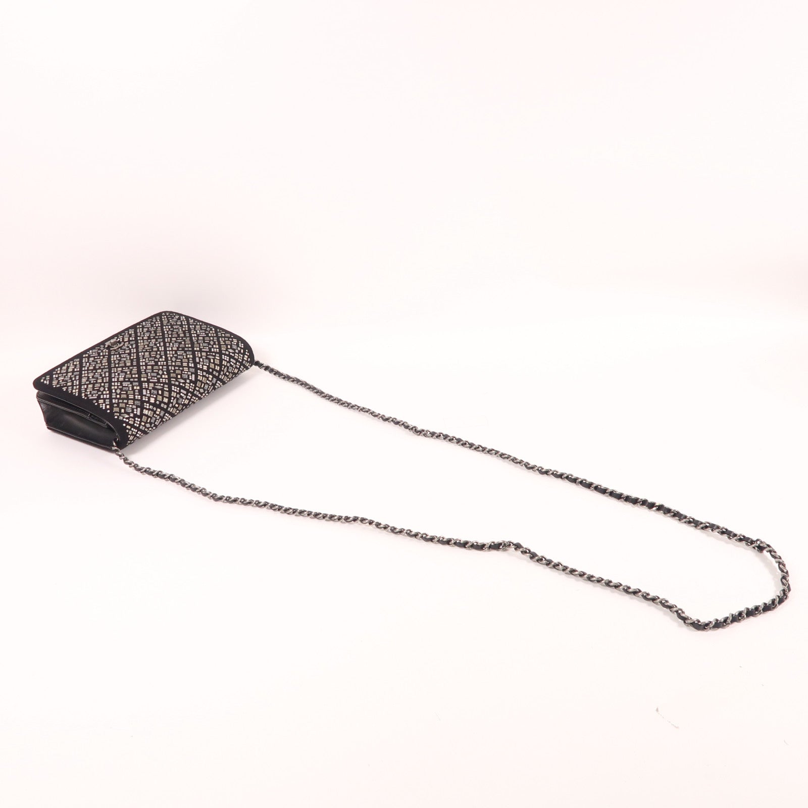 CHANEL 棉質/皮革Woc銀扣鏈帶肩背袋黑色