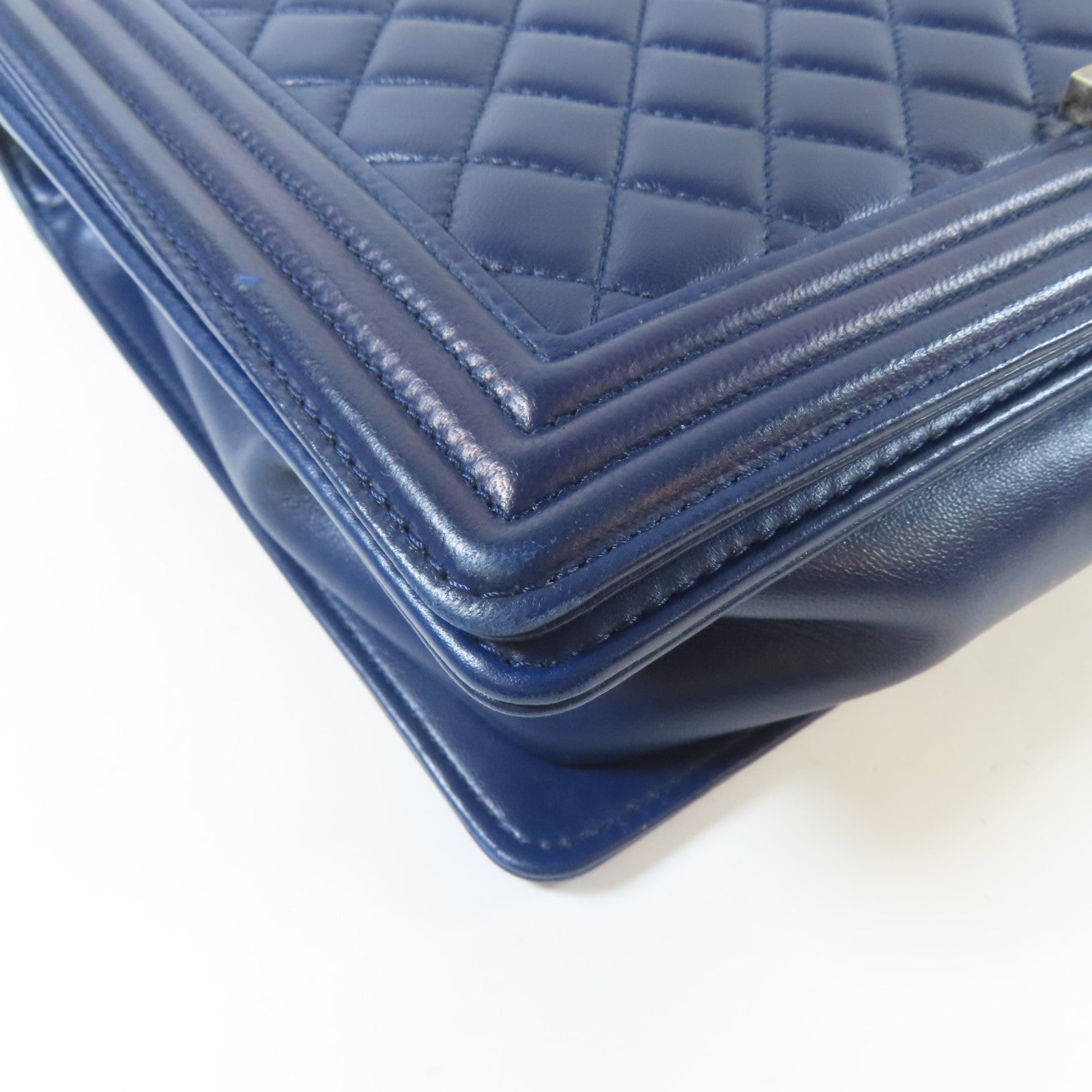 CHANEL 菱格羊皮皮革Boy Chain Shoulder Bag銀扣鏈帶肩背袋深藍色