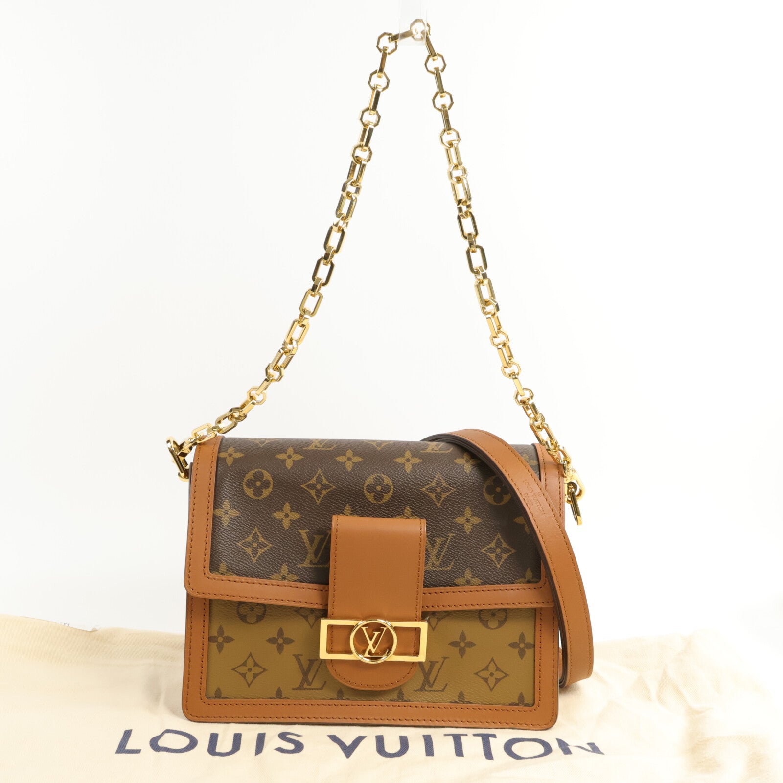 LOUIS VUITTON Monogram/Monogram Reverse Dauphine MM金扣手挽肩背兩用袋棕色