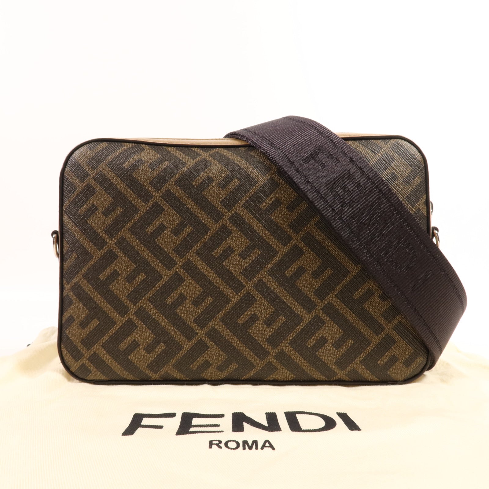 FENDI 塗層帆布/牛皮皮革Shoulder Bag銀扣肩背袋