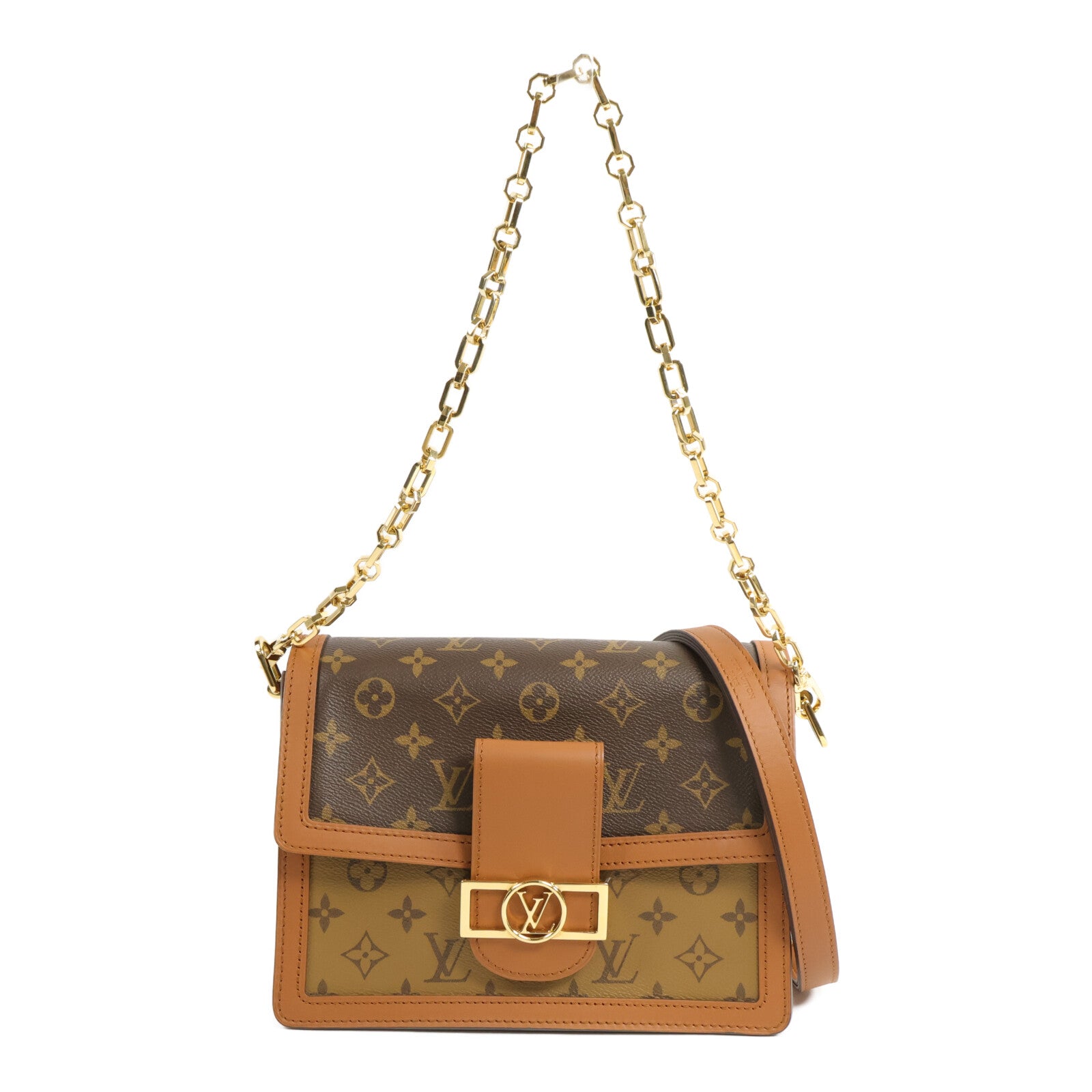 LOUIS VUITTON Monogram/Monogram Reverse Dauphine MM金扣手挽肩背兩用袋棕色