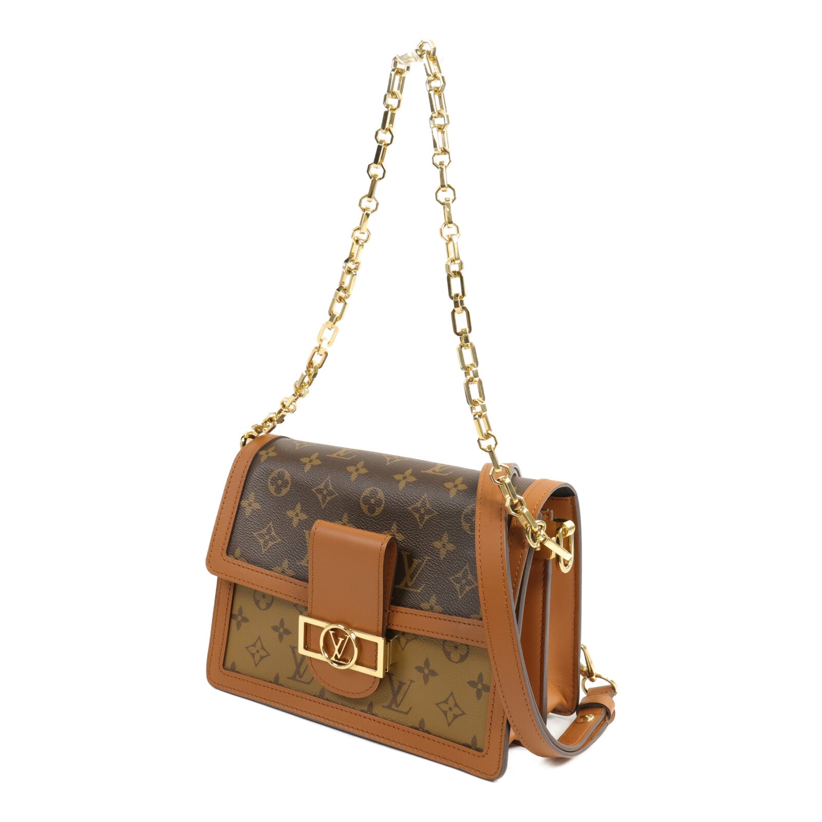 LOUIS VUITTON Monogram/Monogram Reverse Dauphine MM金扣手挽肩背兩用袋棕色
