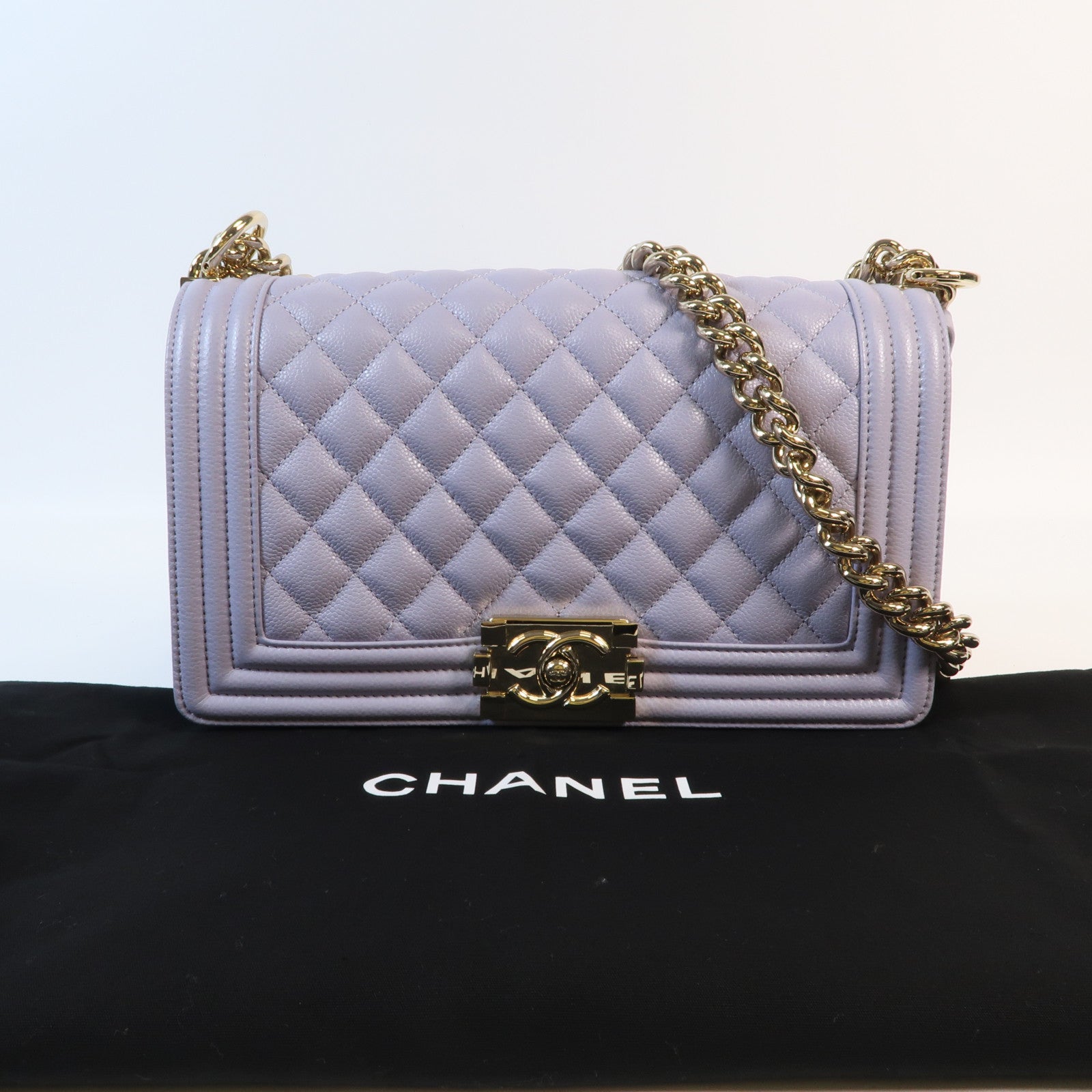 CHANEL 牛皮皮革Boy 25金扣鏈帶肩背袋