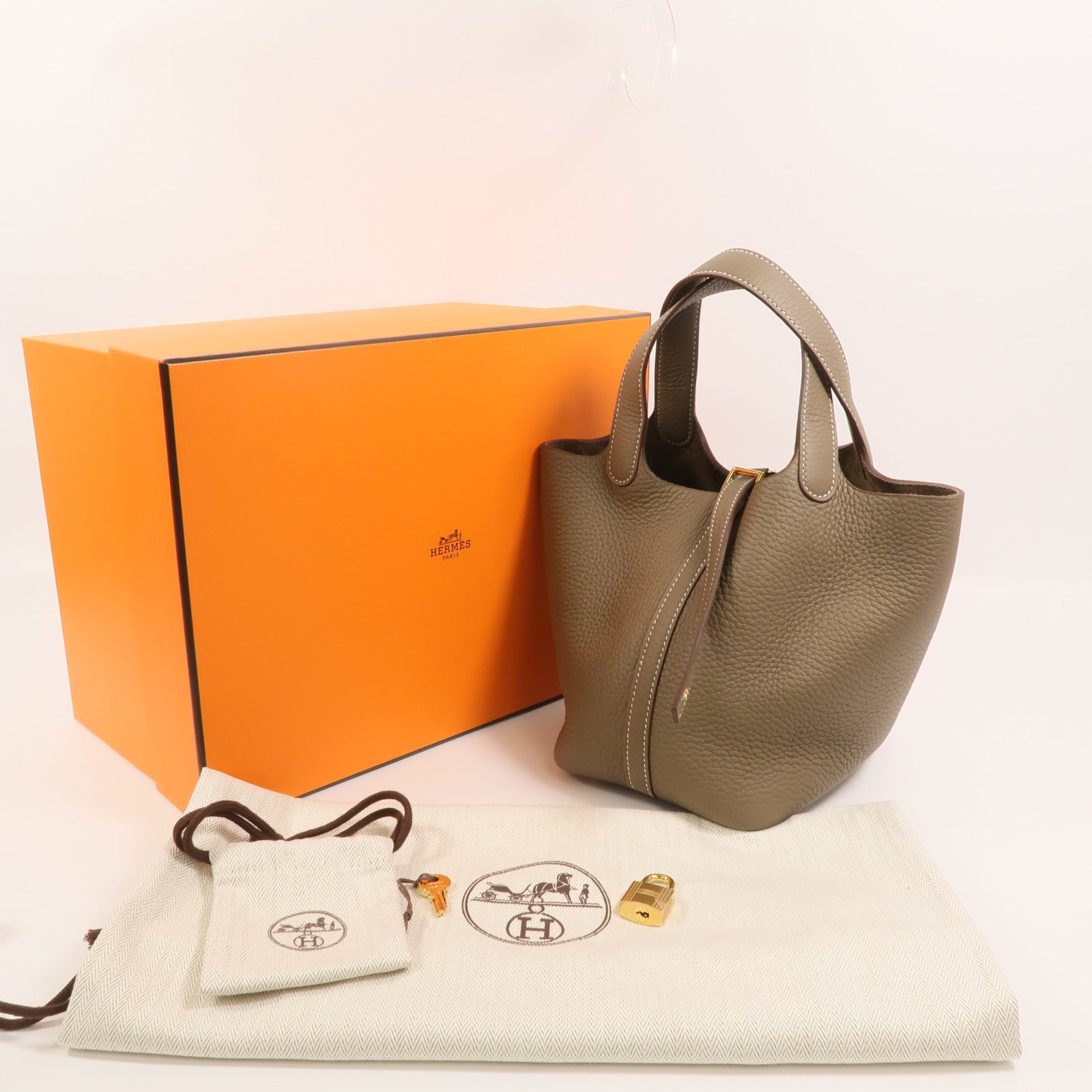 HERMES Clemence皮革Picotin PM手挽袋Etoupe
