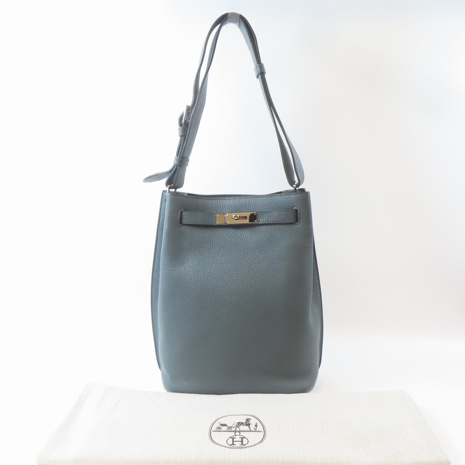 HERMES Clemence皮革So Kelly Bag22銀扣肩背袋Bleu Orage/灰藍色