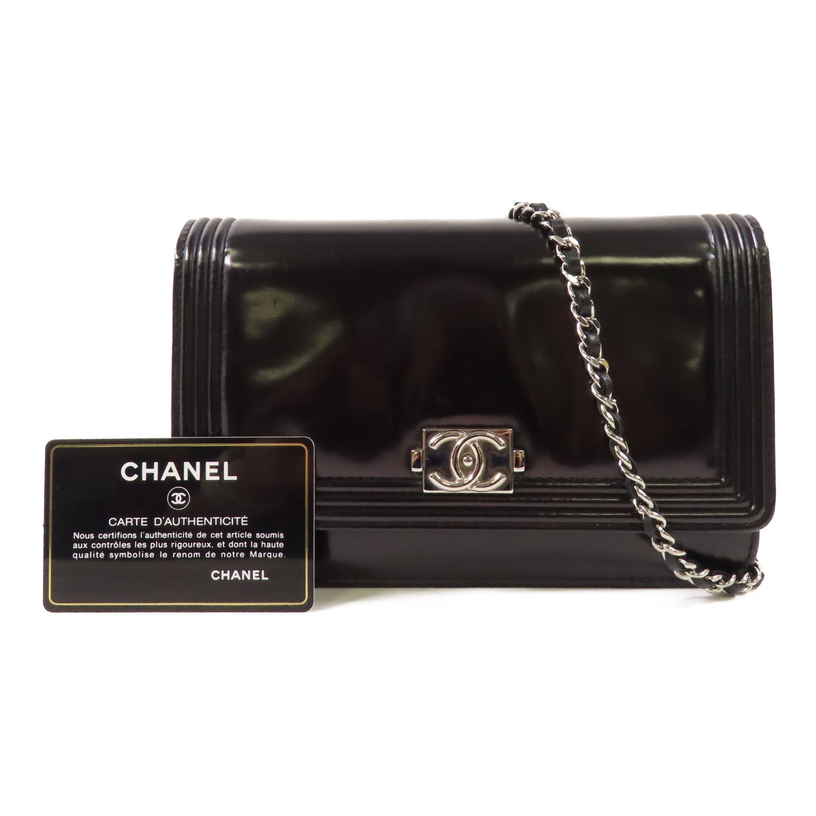 CHANEL 漆皮皮革Boy Wallet On Chain銀扣鏈帶肩背袋