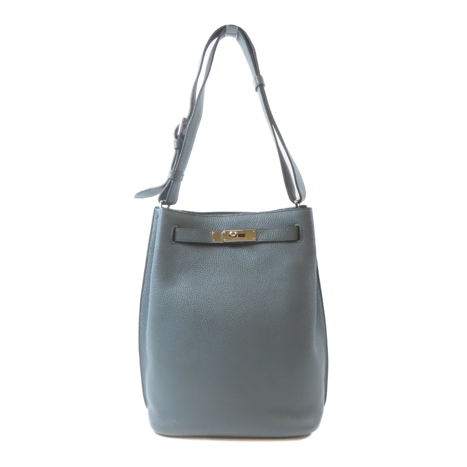 HERMES Clemence皮革So Kelly Bag22銀扣肩背袋Bleu Orage/灰藍色