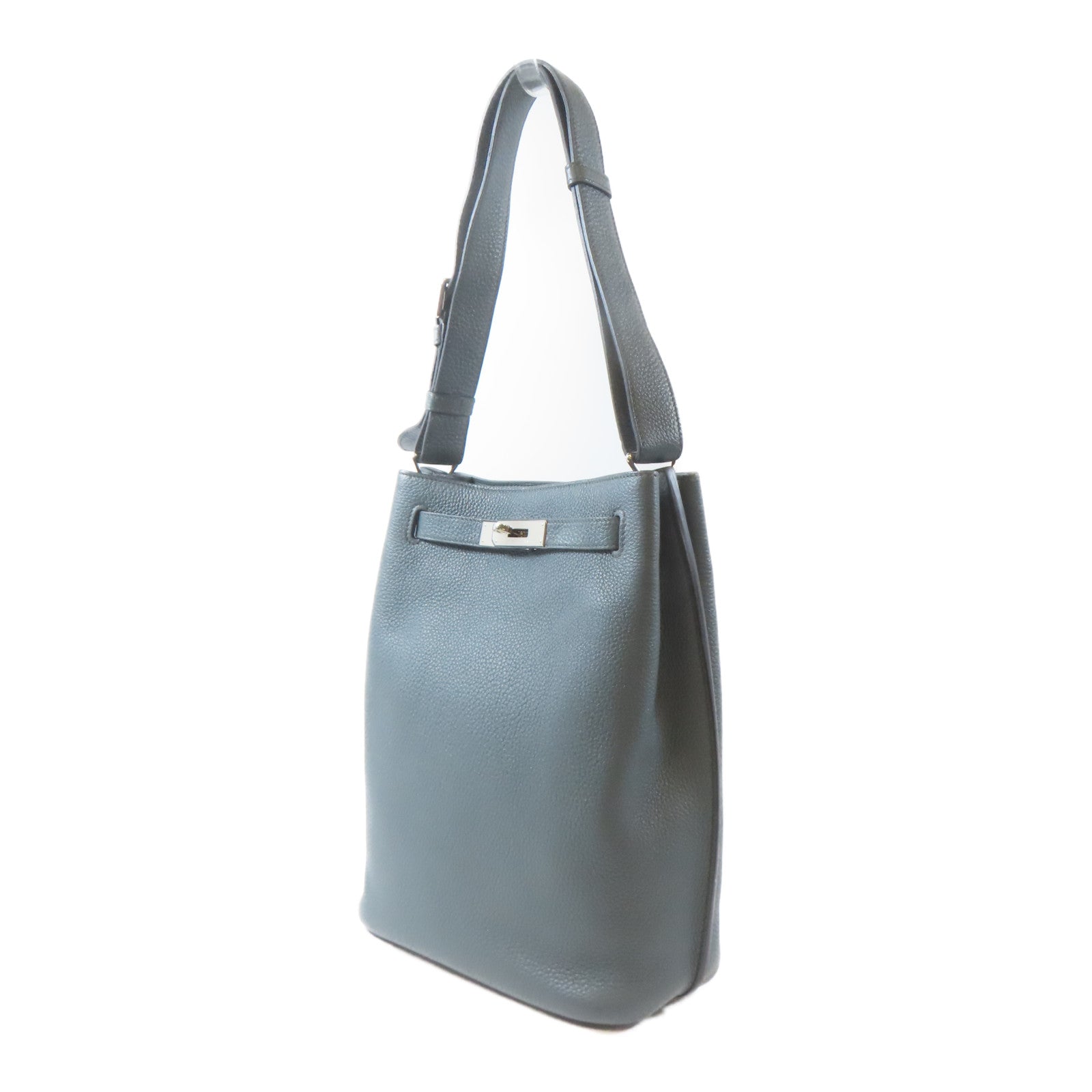 HERMES Clemence皮革So Kelly Bag22銀扣肩背袋Bleu Orage/灰藍色
