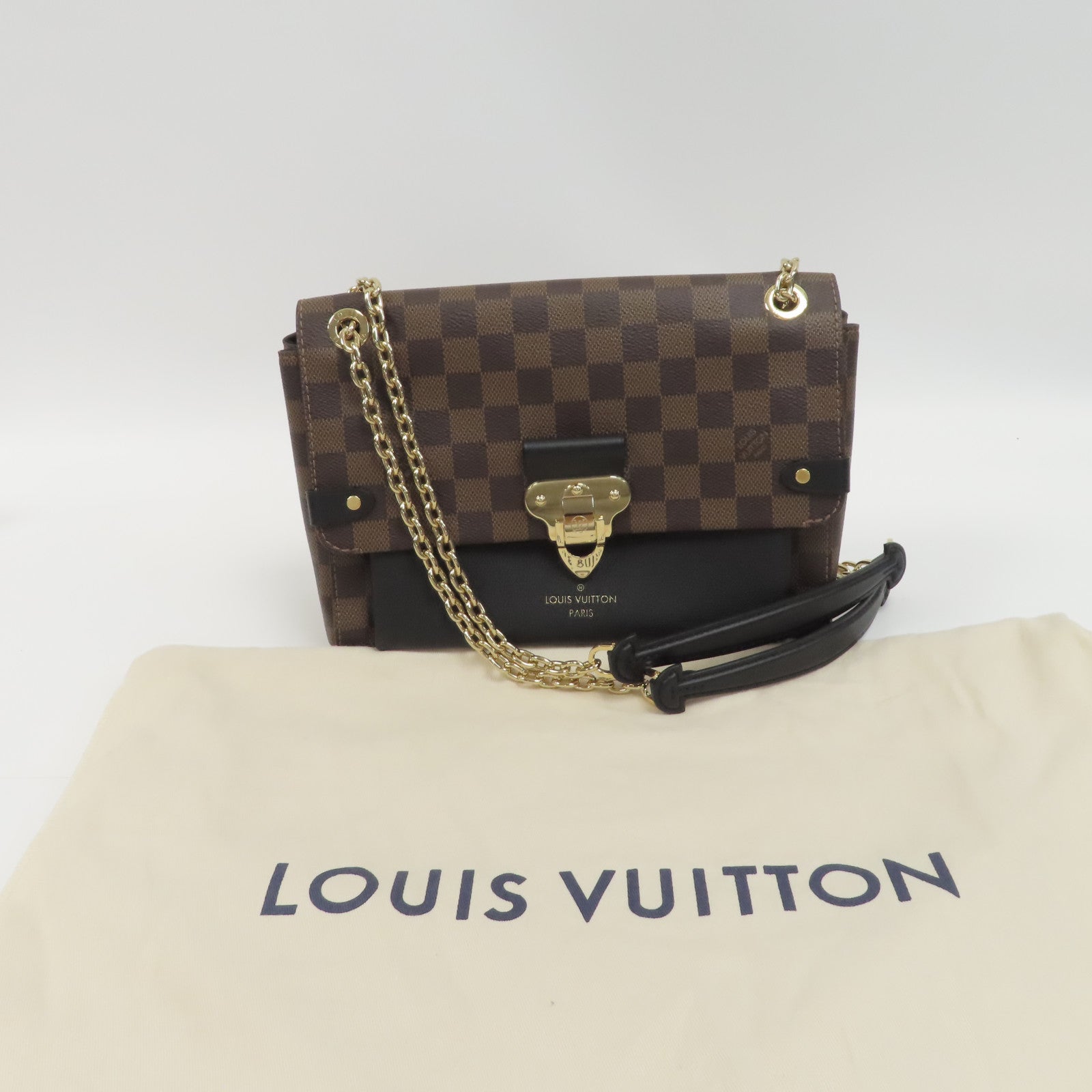 LOUIS VUITTON Damier Vavin PM金扣鏈帶肩背袋啡色/黑色