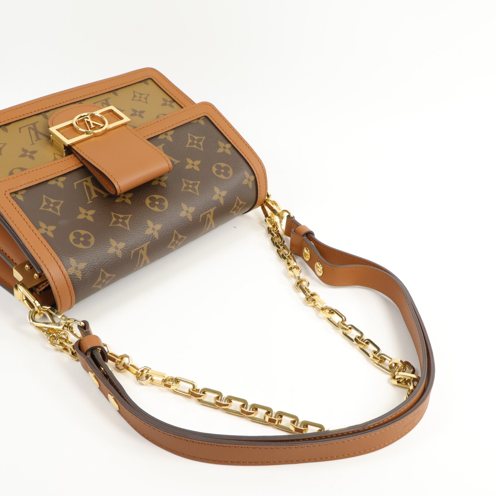 LOUIS VUITTON Monogram/Monogram Reverse Dauphine MM金扣手挽肩背兩用袋棕色