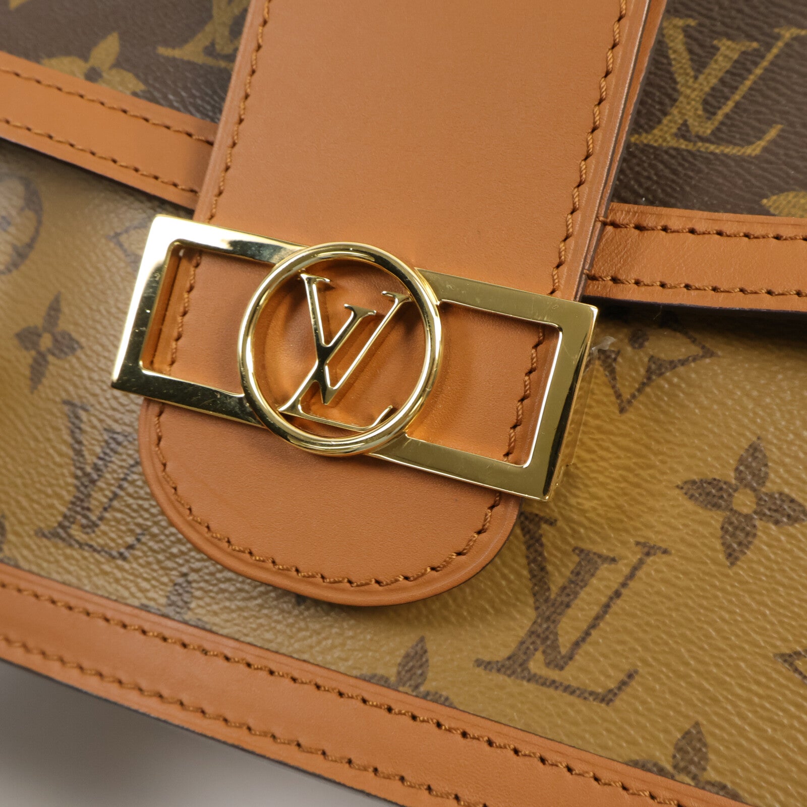 LOUIS VUITTON Monogram/Monogram Reverse Dauphine MM金扣手挽肩背兩用袋棕色